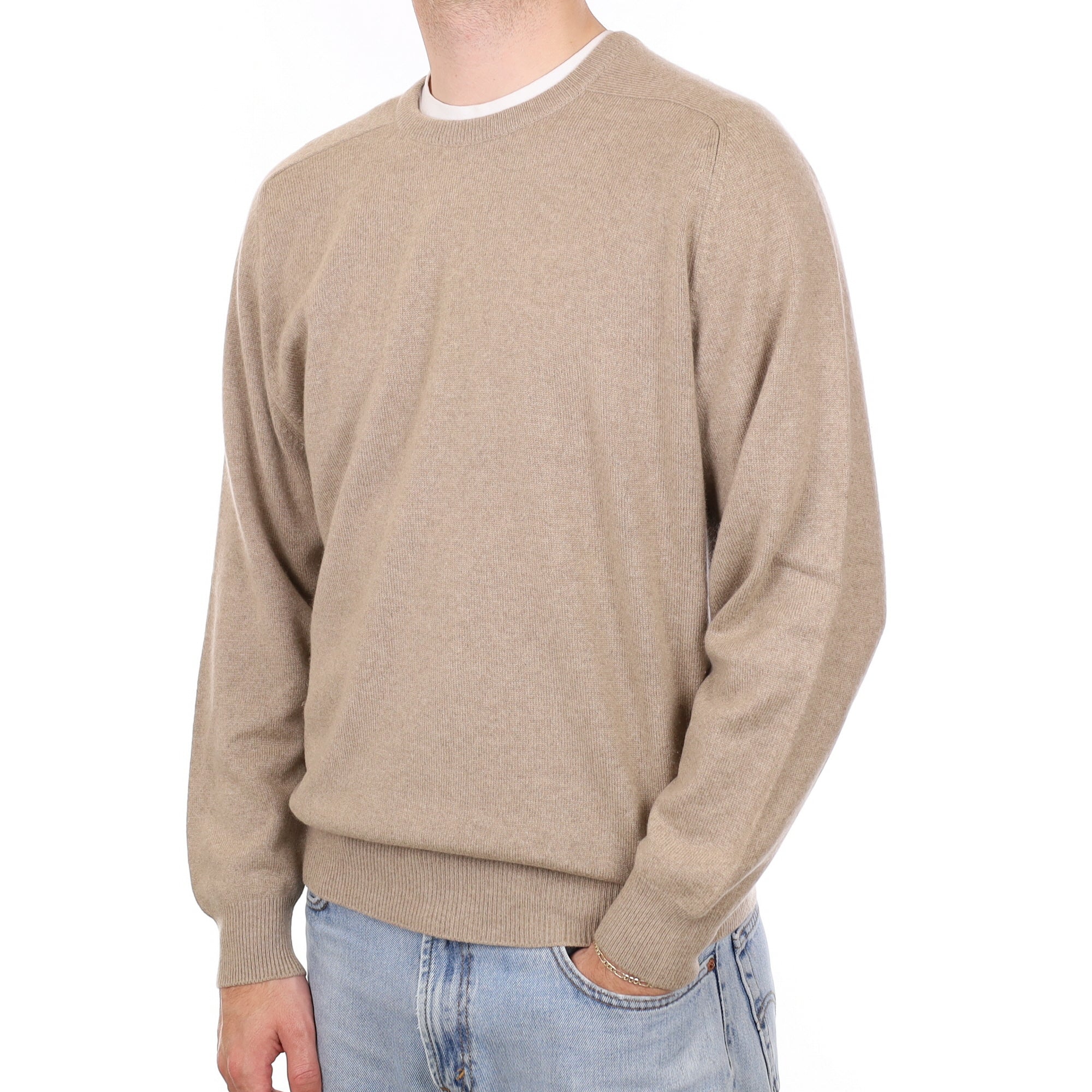 Men's Fawn Brown Cashmere Crew Neck Jumper Large