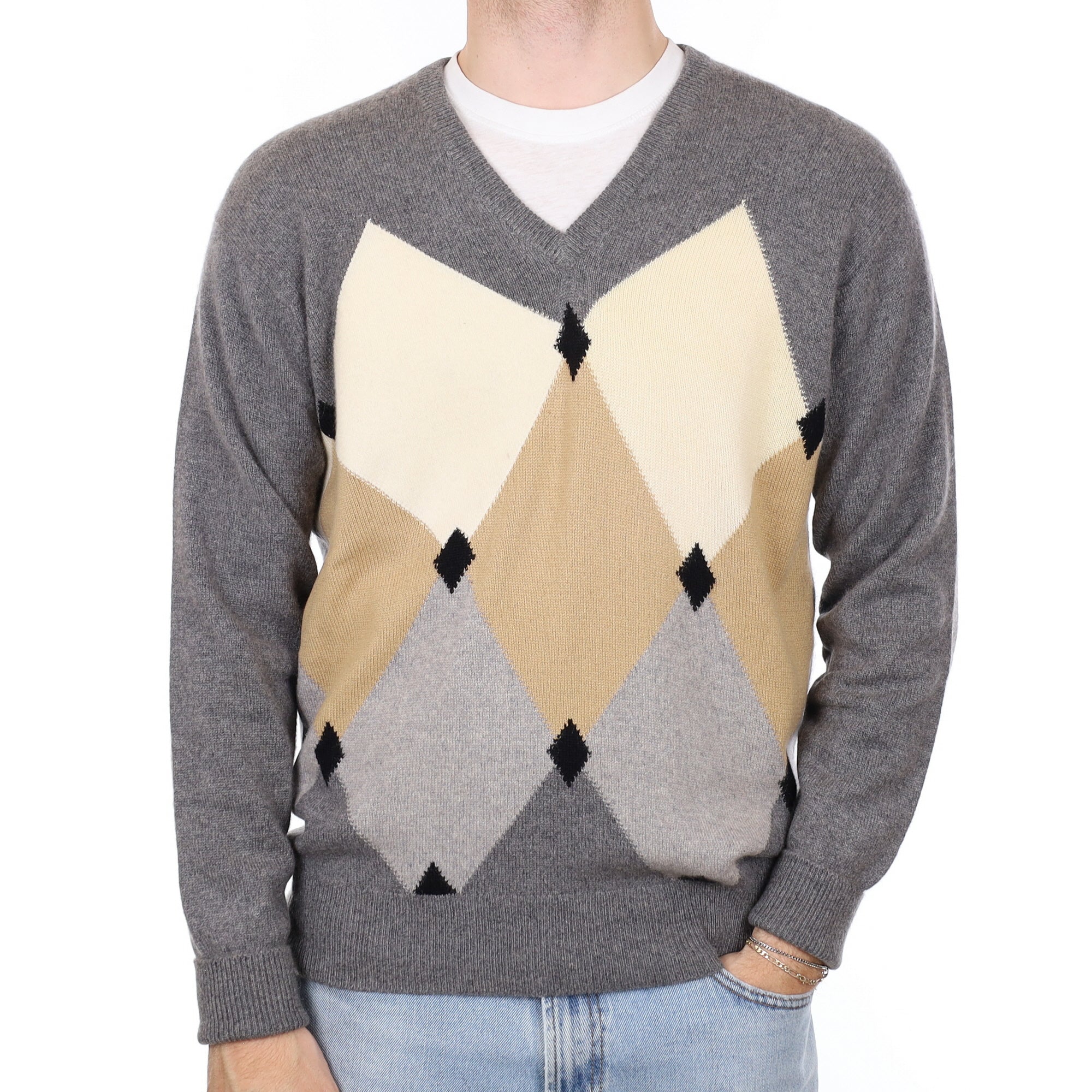 Men’s Neutral Diamond Heavy Knit V Neck Jumper Large