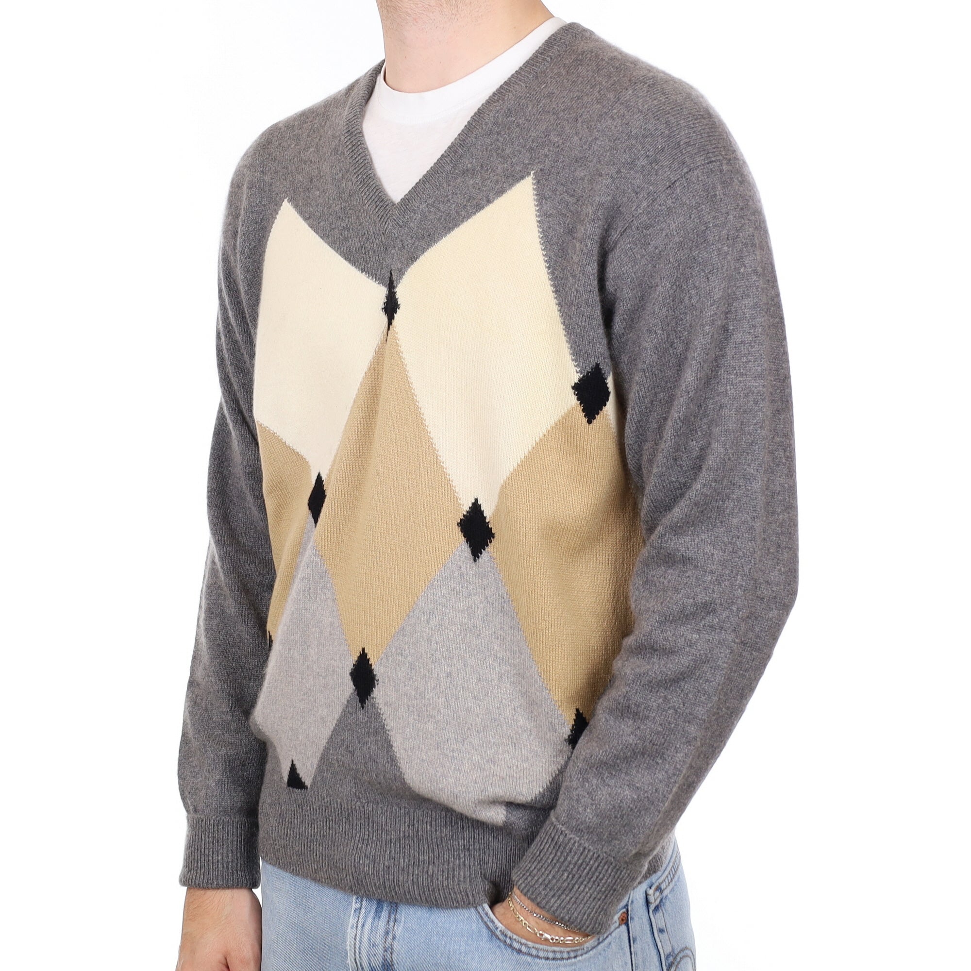 Men’s Neutral Diamond Heavy Knit V Neck Jumper Large