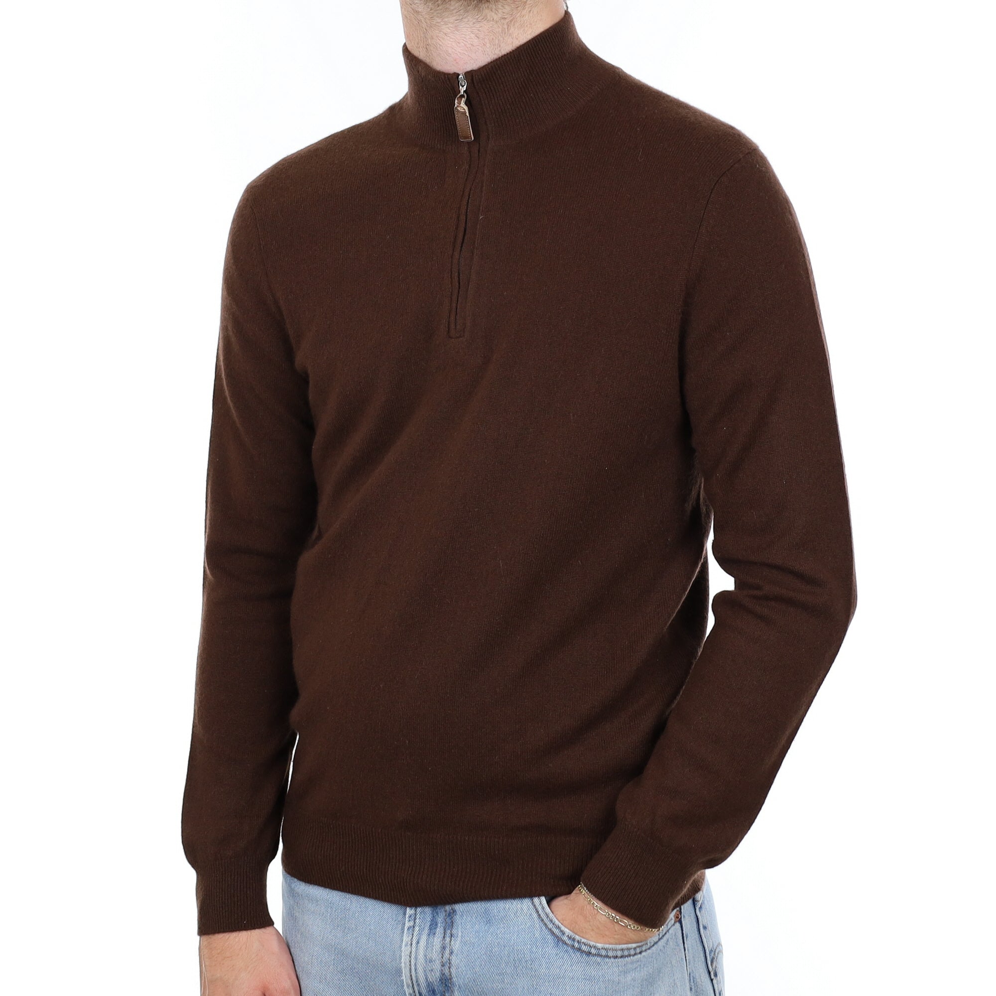 Men's Chocolate Brown Cashmere Quarter Zip Jumper Medium