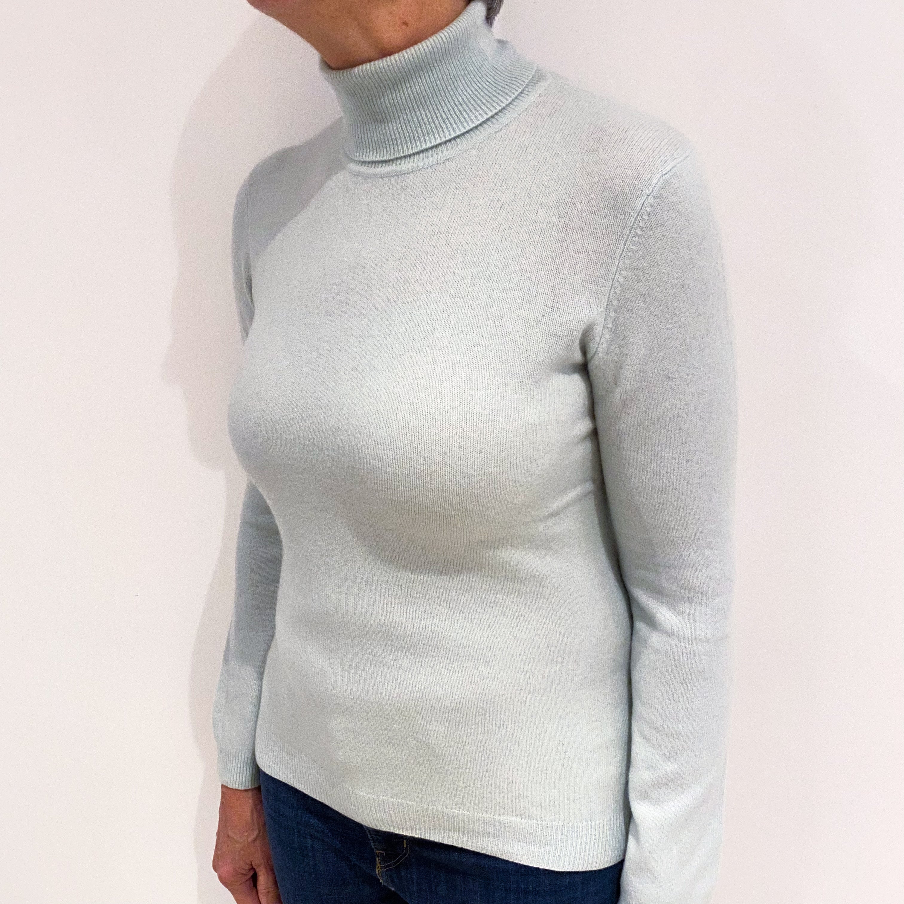Palest Mint Green Cashmere Polo Neck Jumper Medium