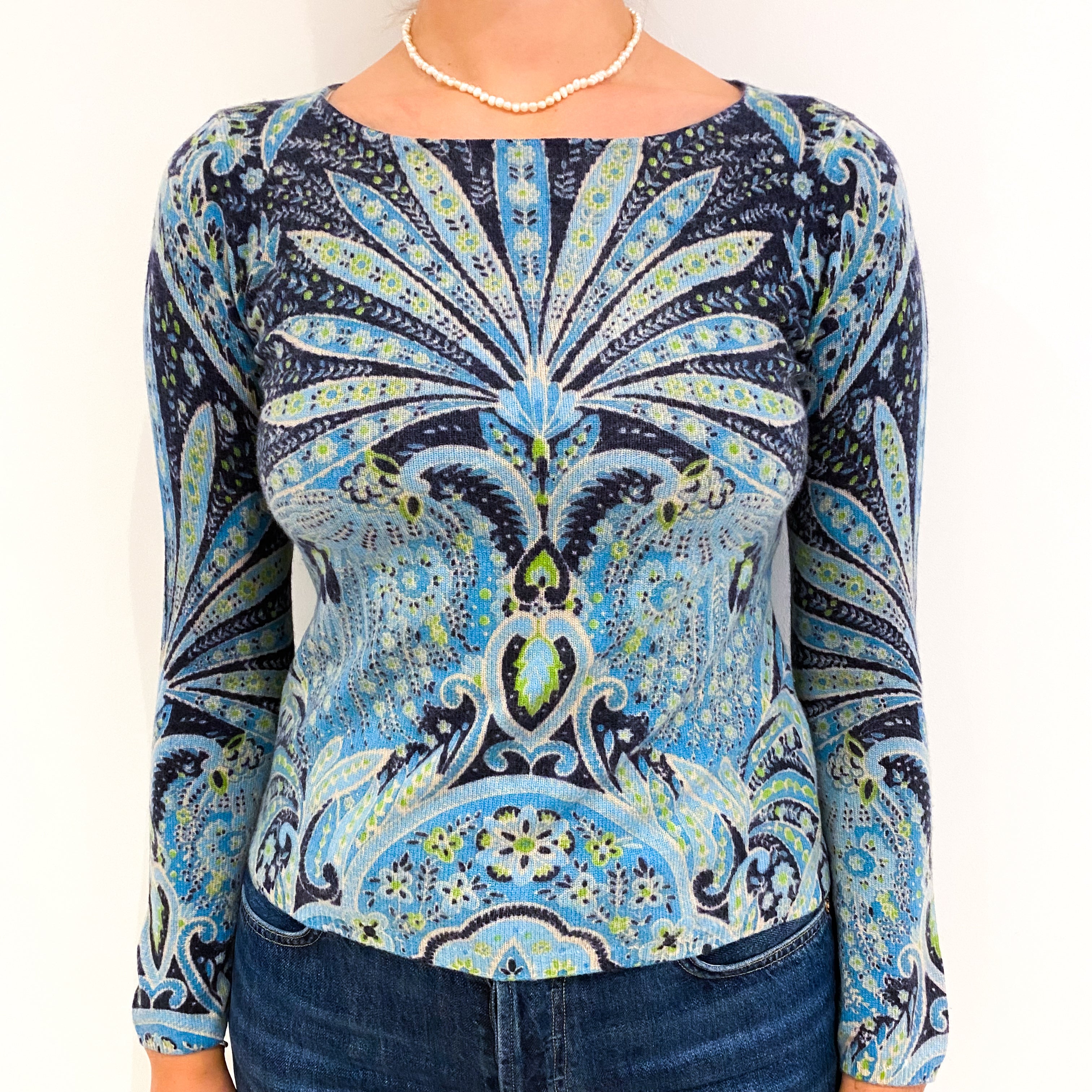 Blue Paisley Design Cashmere Crew Neck Jumper Small