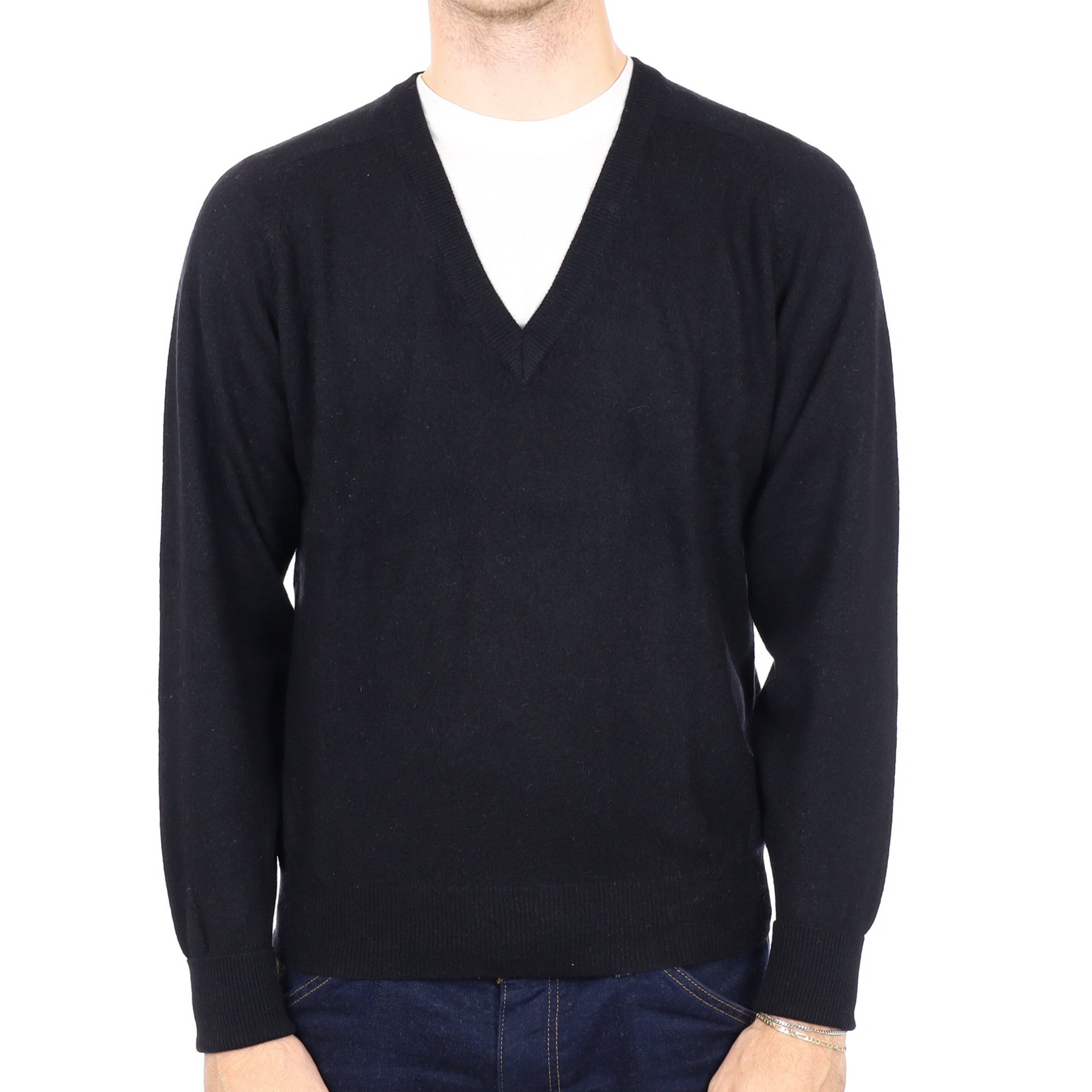 Men's Black Cashmere V Neck Jumper Medium
