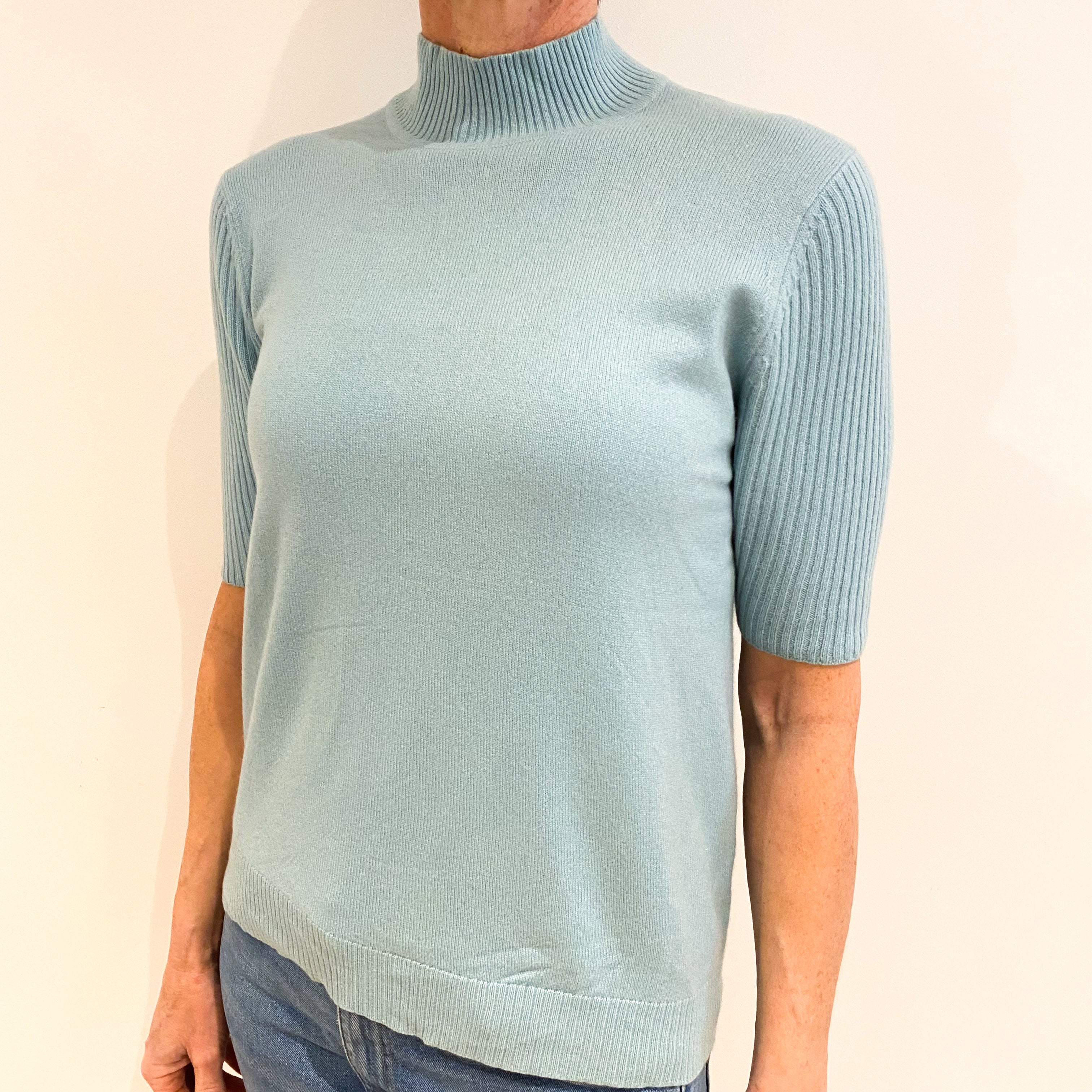 Opal Blue Cashmere Turtle Neck Short Sleeved Jumper Small