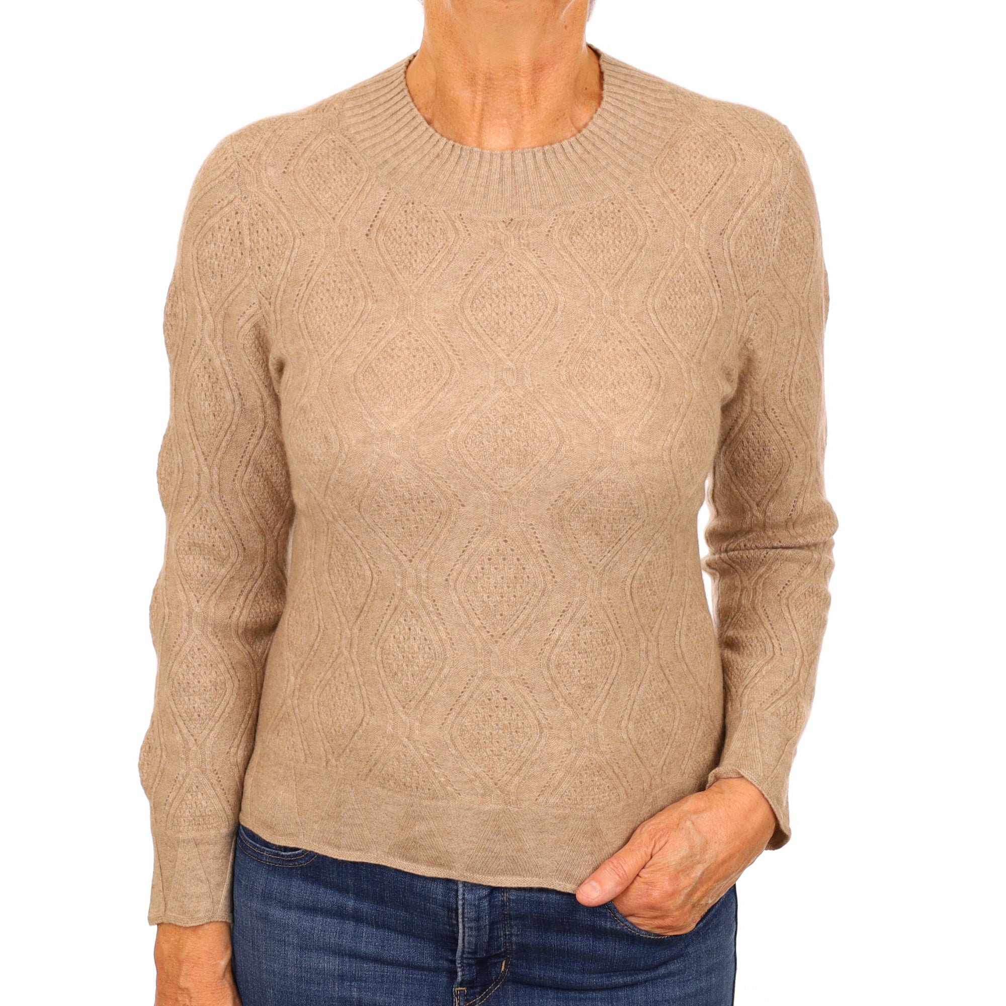Taupe Brown Lace Knit Cashmere Crew Neck Jumper Medium