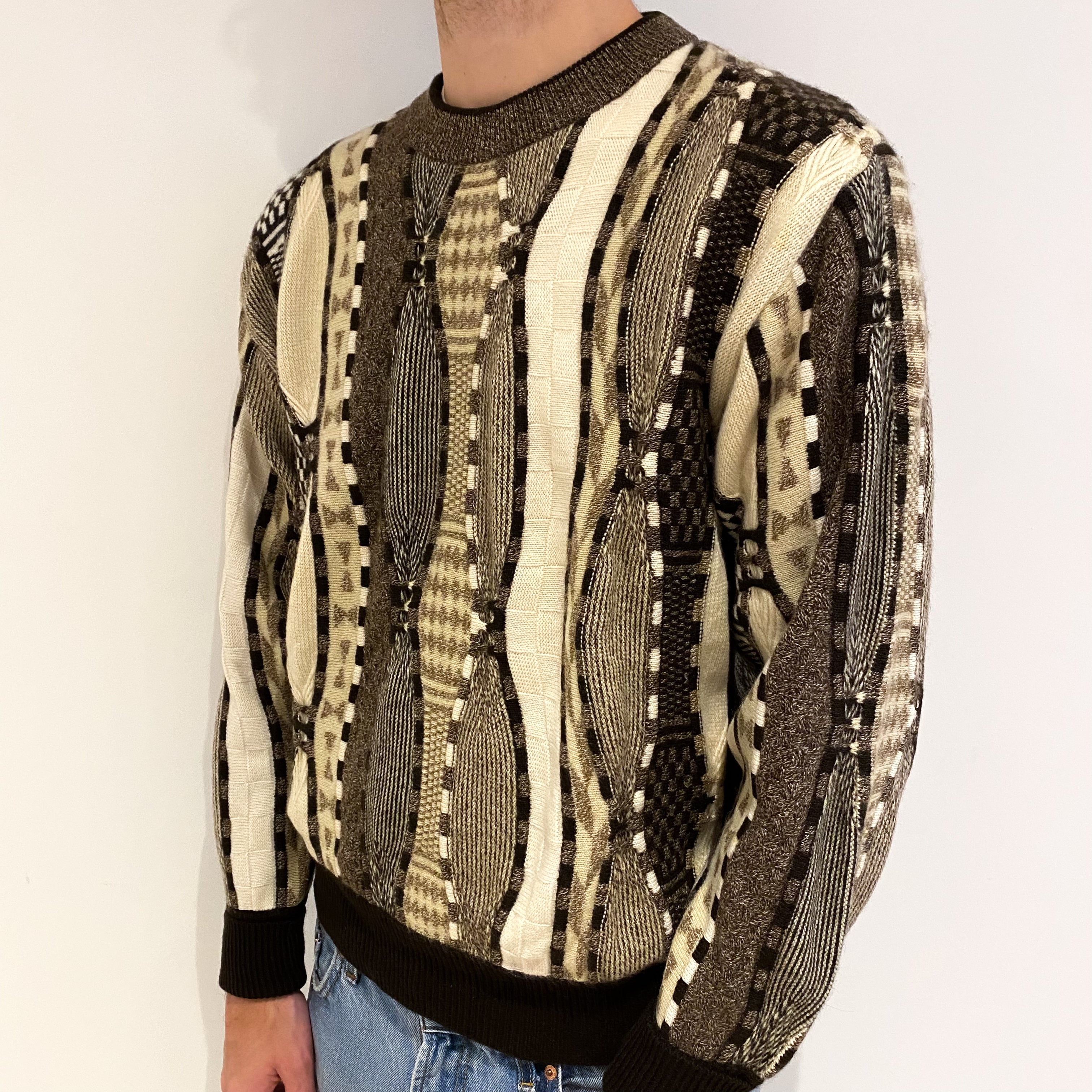 Men's Brown Beige and Cream Patterned Cashmere Crew Neck Jumper Large