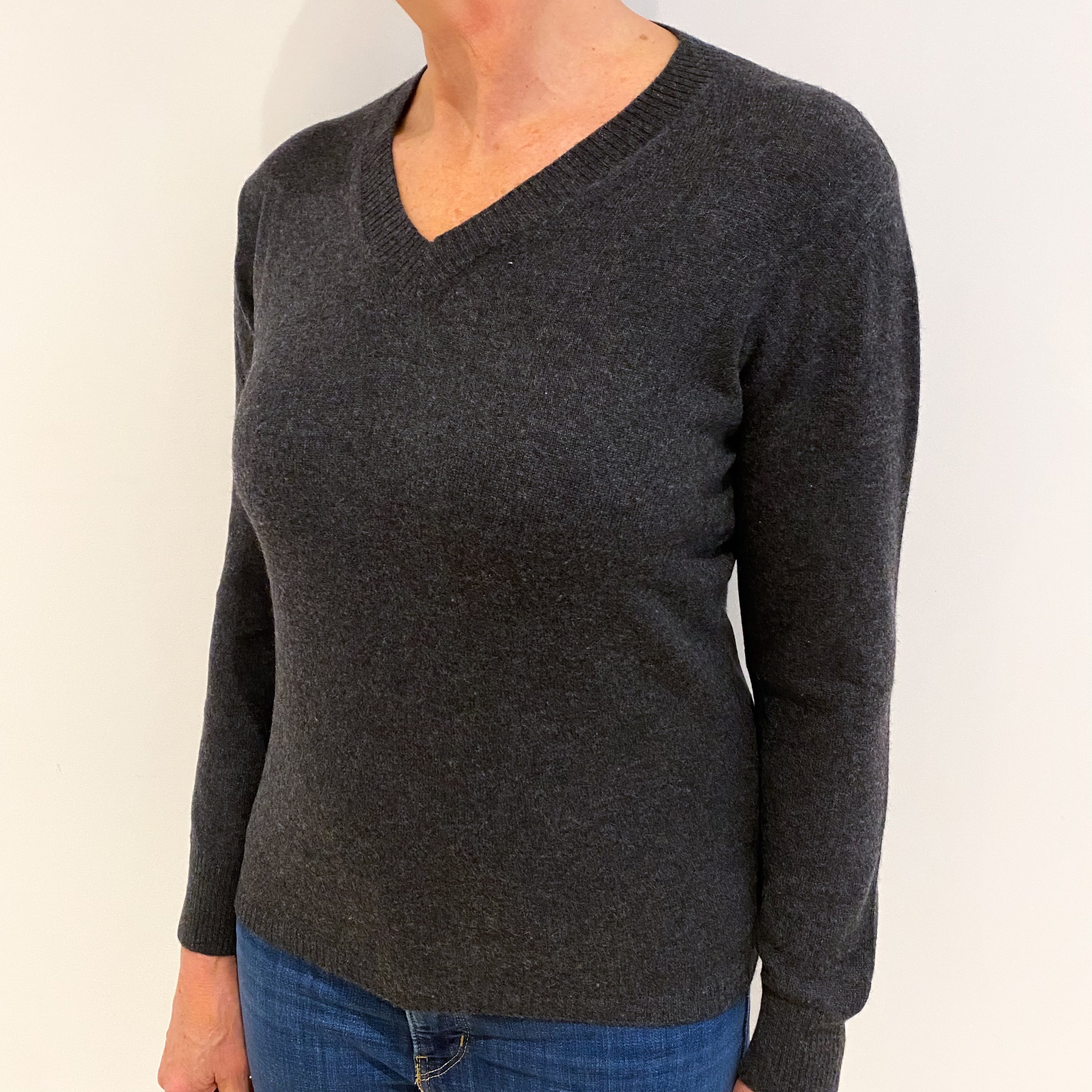 Charcoal Grey Cashmere V Neck Jumper Medium