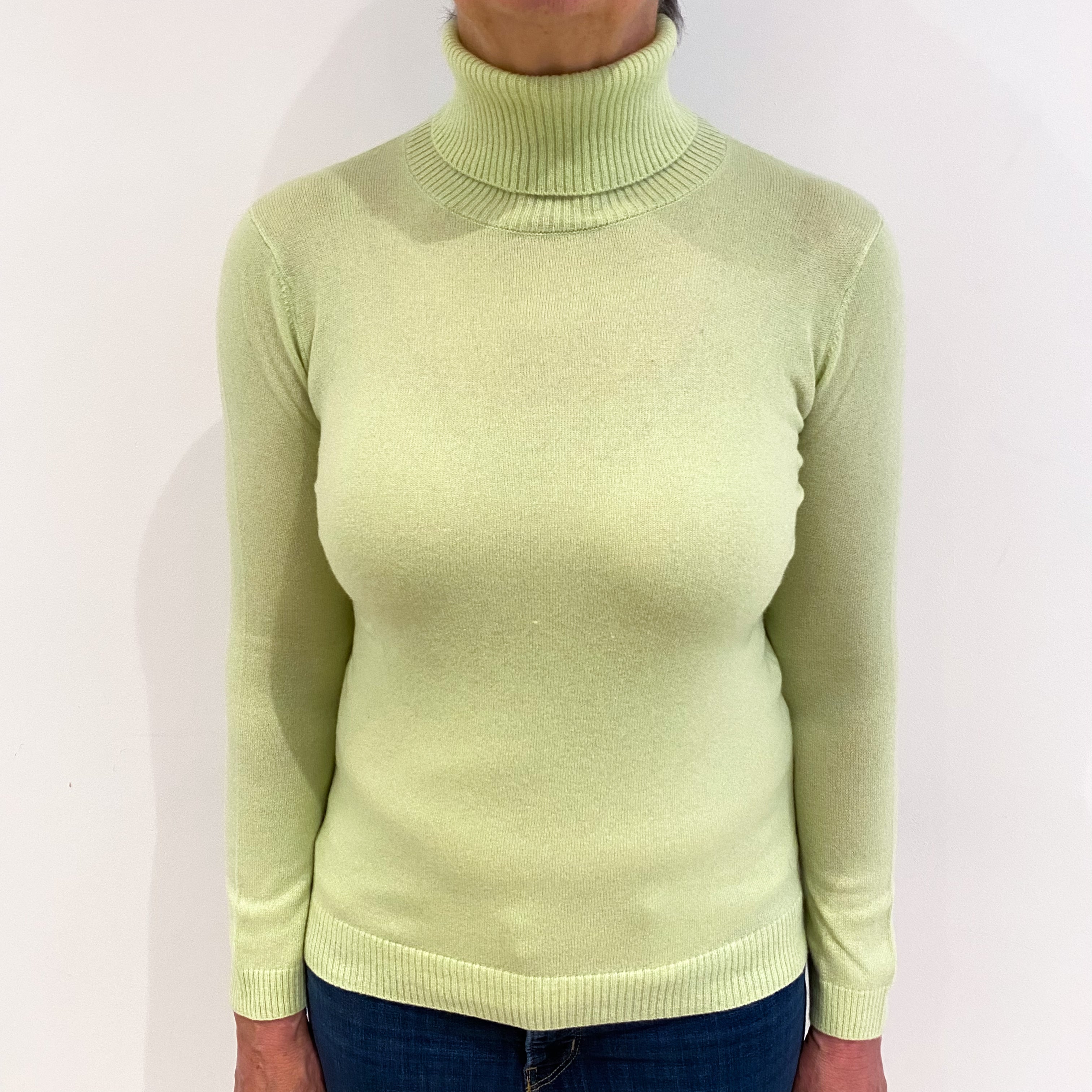 Soft Lime Green Cashmere Polo Neck Jumper Medium
