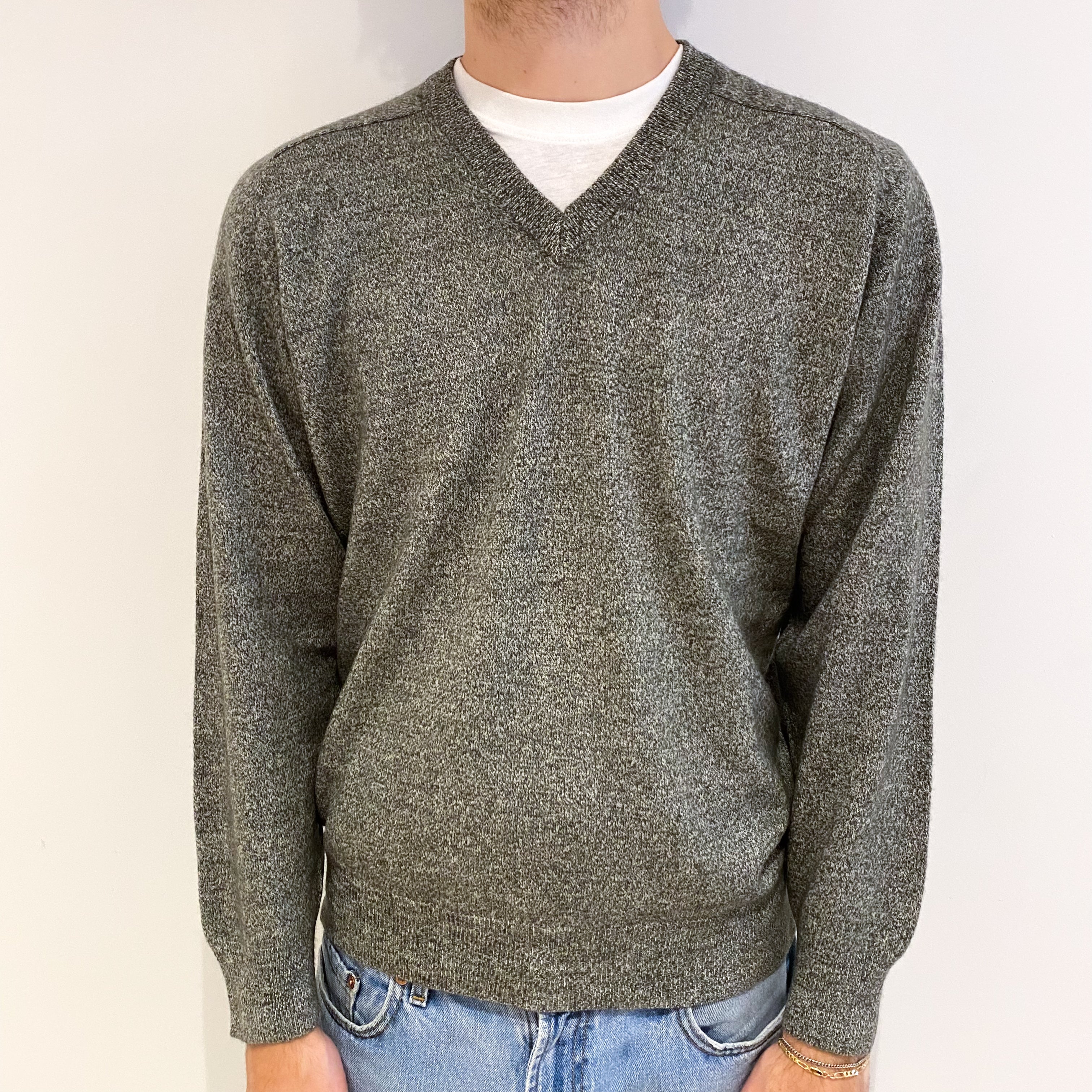Men's Deep Khaki Green Cashmere V Neck Jumper Medium