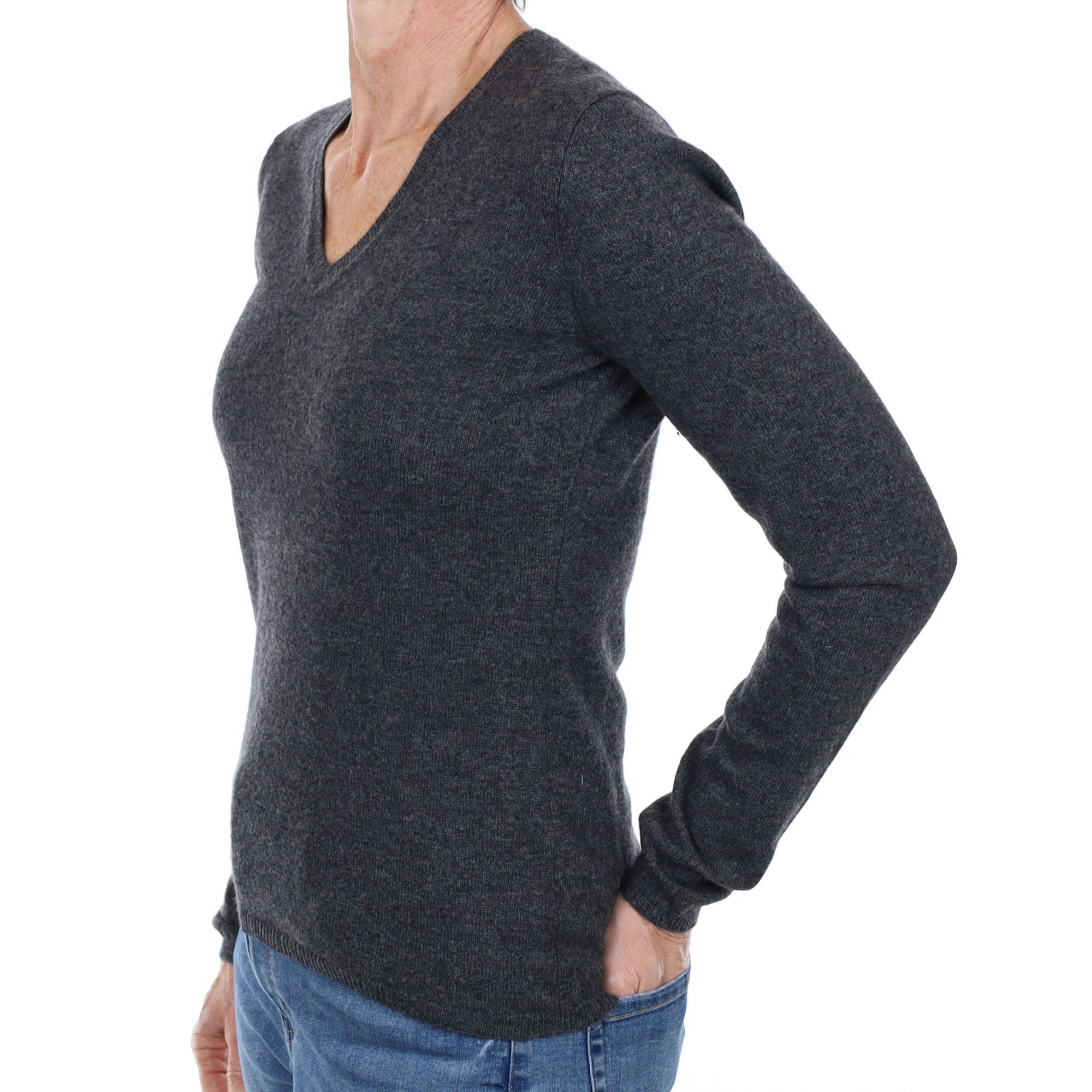 Charcoal Grey Cashmere V Neck Jumper Small