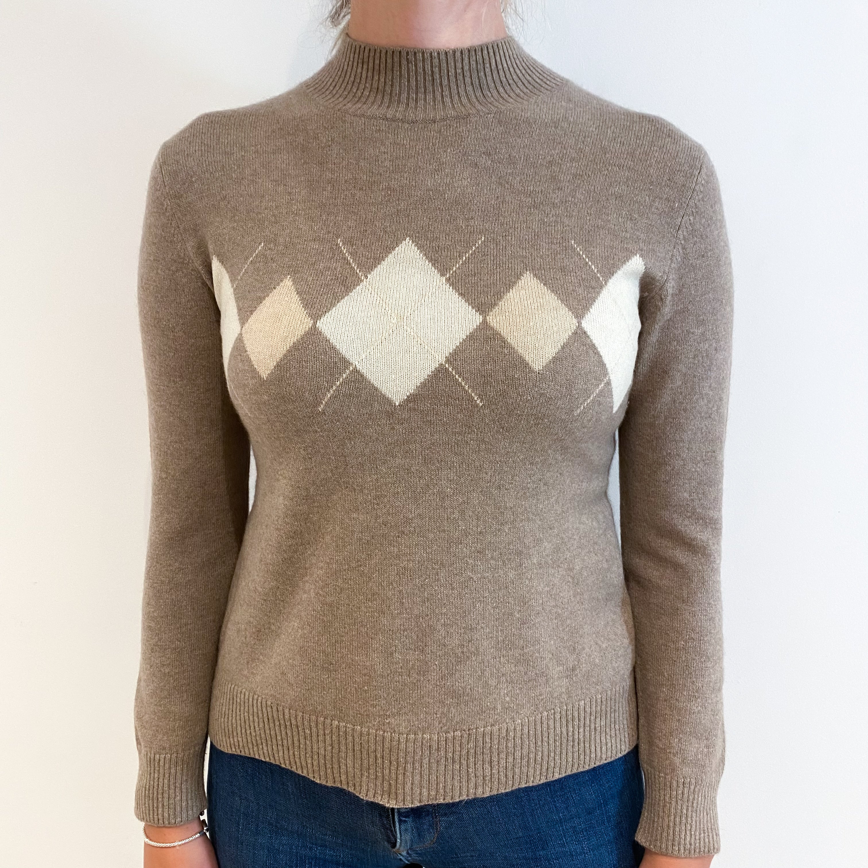 Taupe Brown Cream Diamond Cashmere Turtle Neck Jumper Small