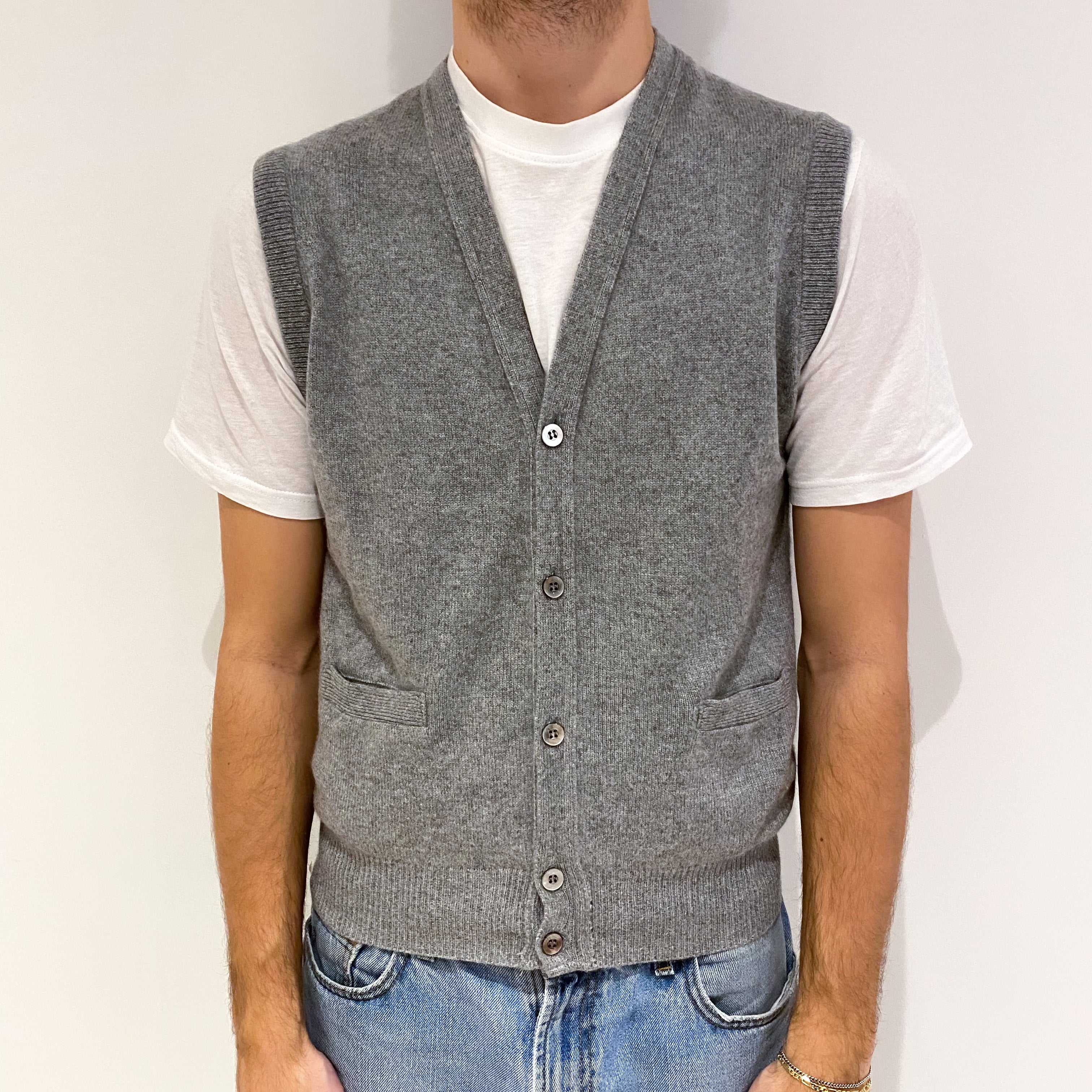Men's Smoke Grey Cashmere V Neck Vest Cardigan Medium