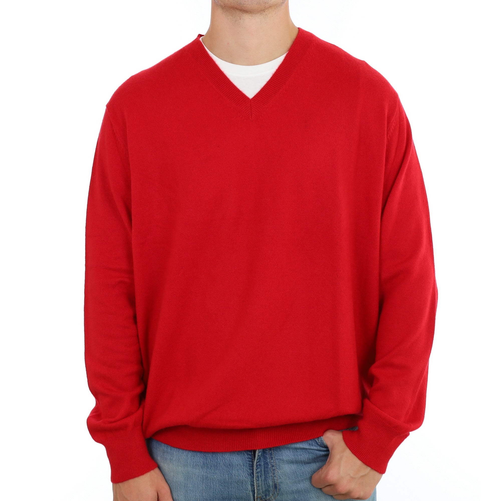 Men's Post Box Red Cashmere V Neck Jumper XXL