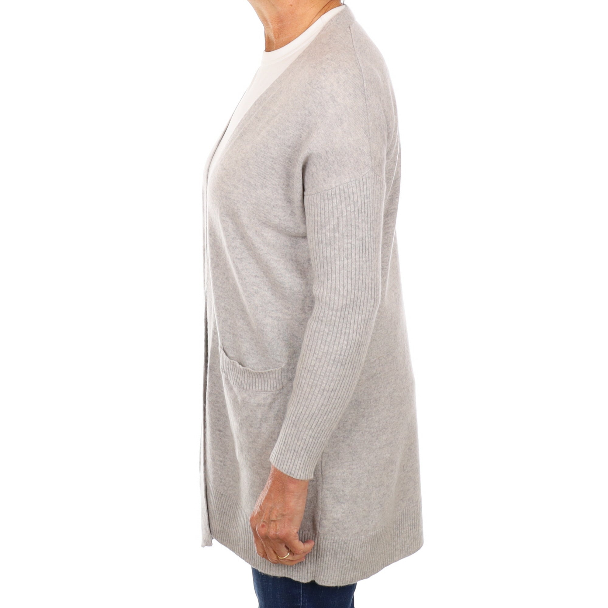 Misty Grey Cashmere Edge to Edge Cardigan with Pockets Medium