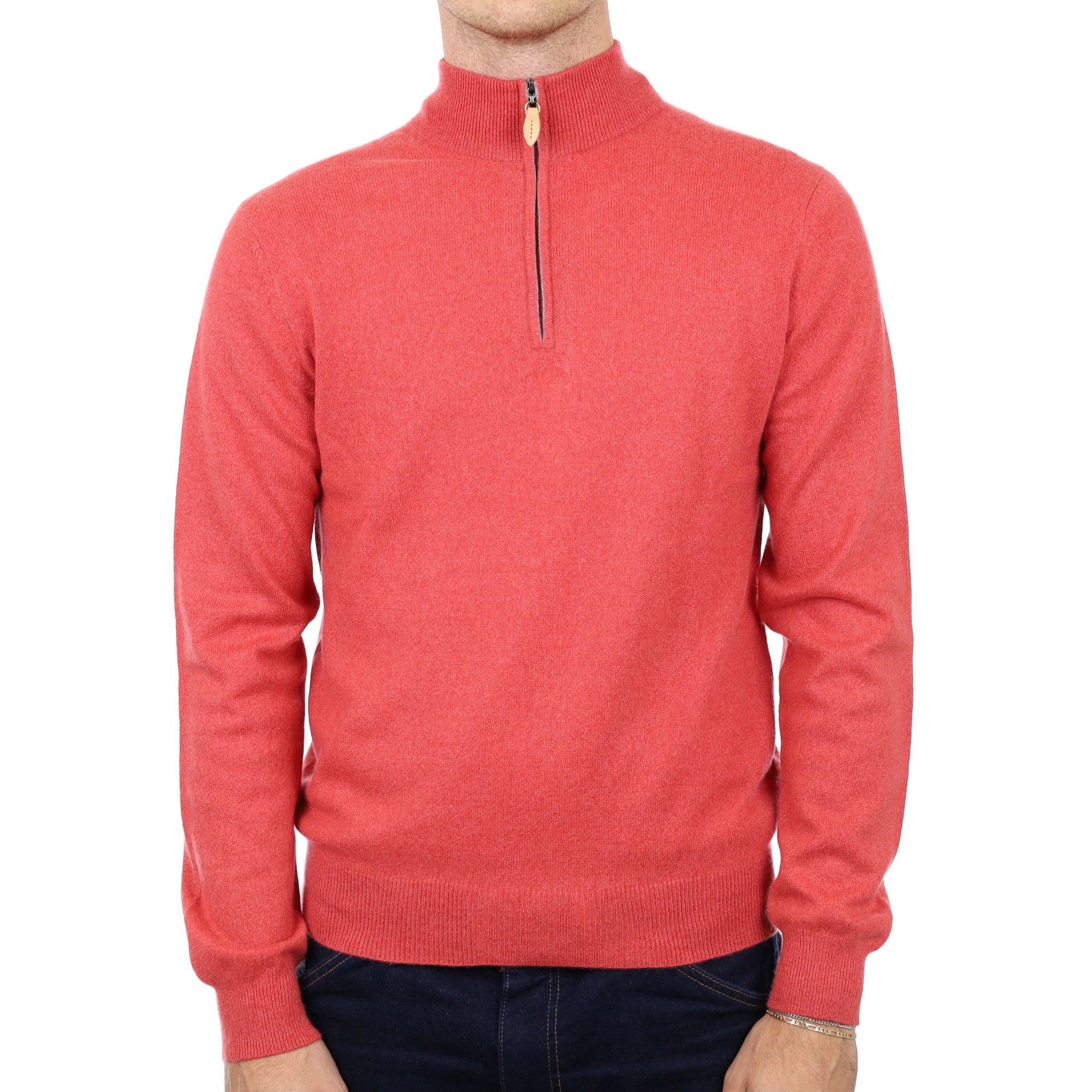 Men's Salmon Pink Cashmere 1/4 Zip Neck Jumper Medium