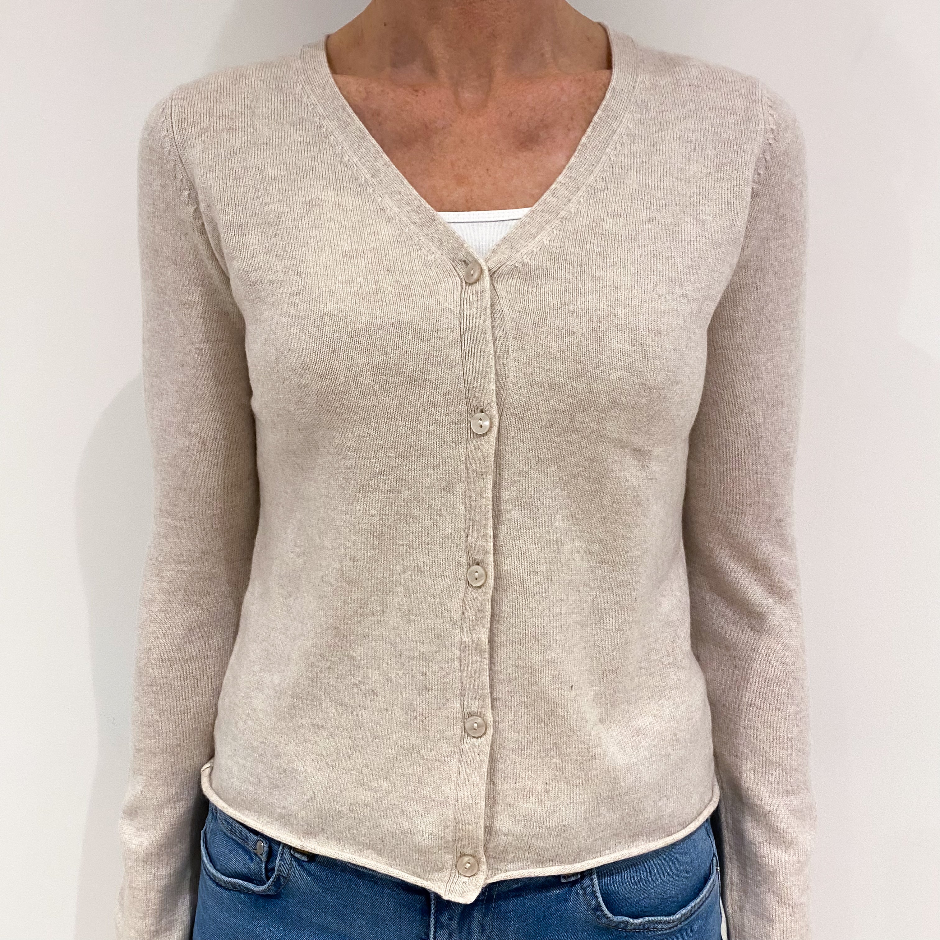 Oatmeal Beige Cashmere V Neck Cardigan Small