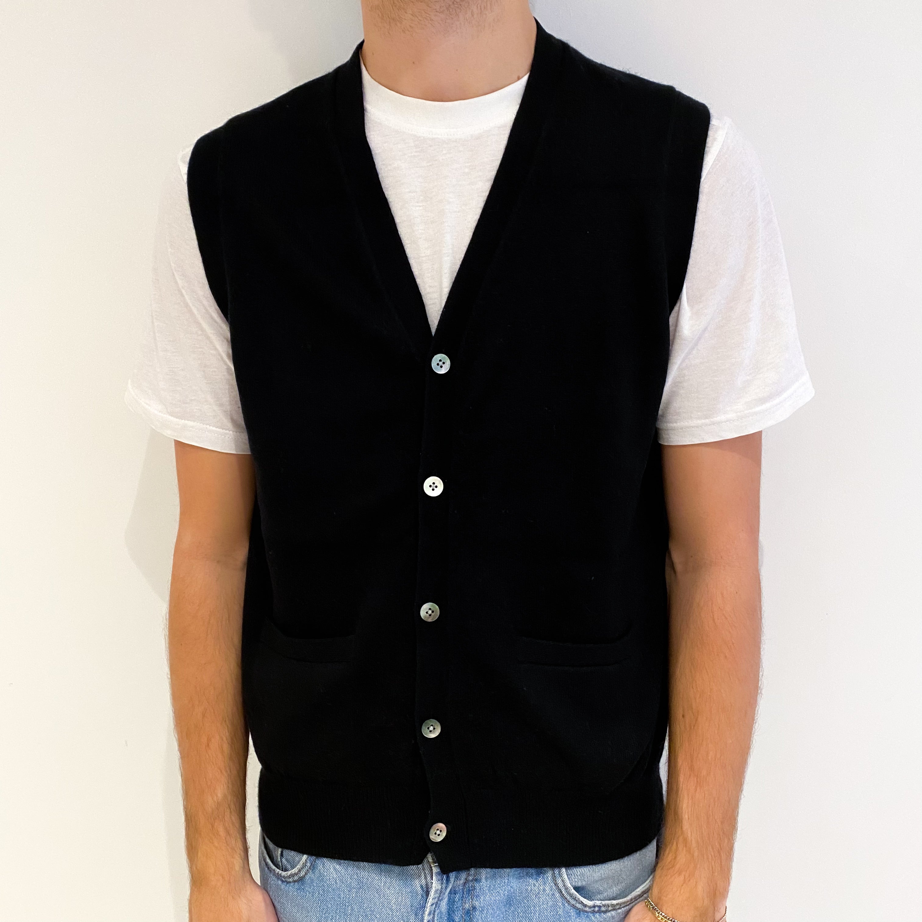 Men's Black Cashmere V Neck Waistcoat Large