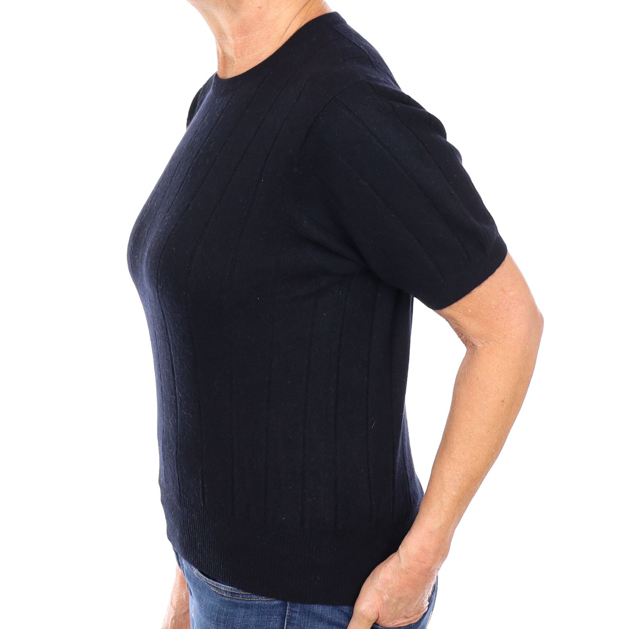 Black Rib Cashmere Short Sleeve Crew Neck Jumper Medium