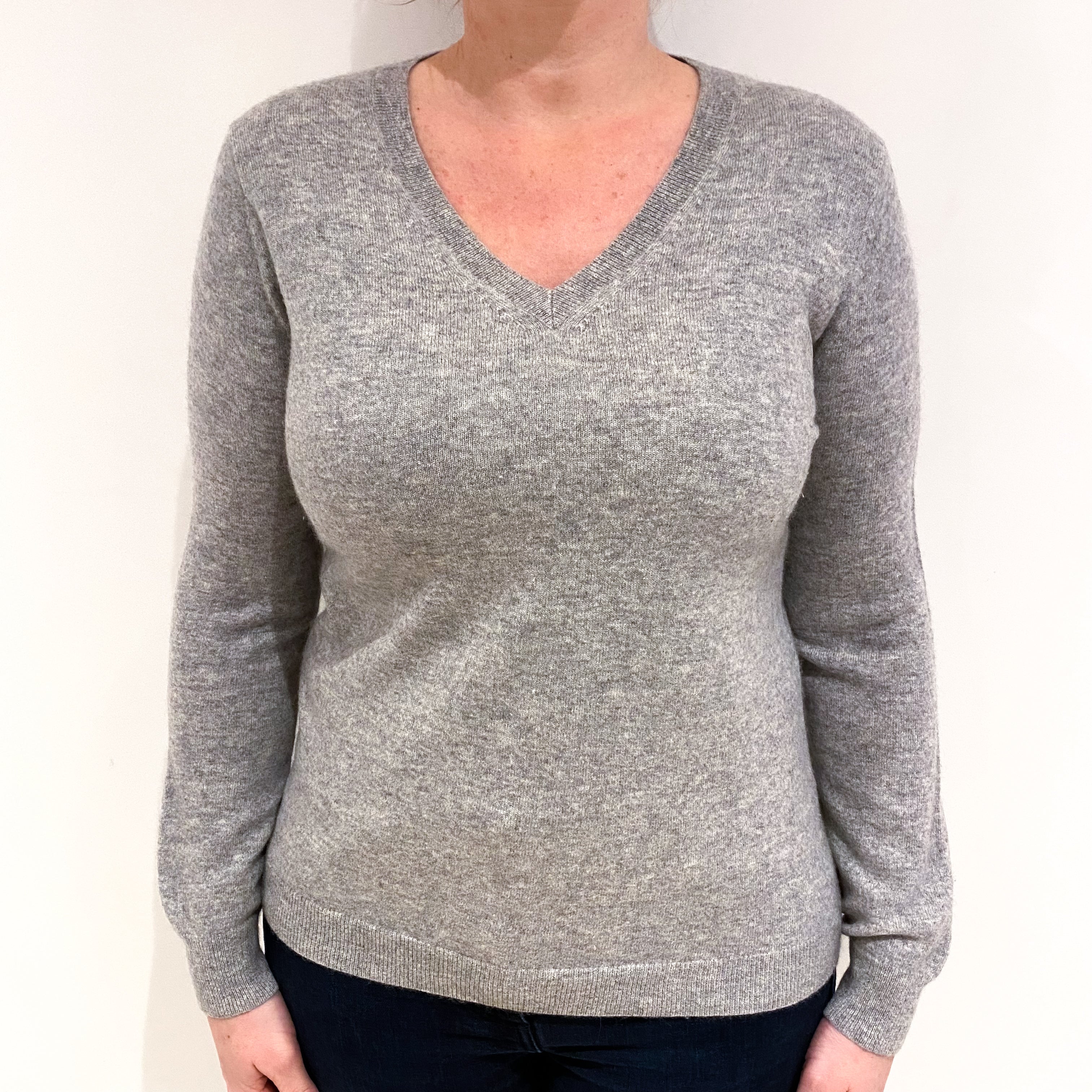 Smoke Grey Cashmere V Neck Jumper Large