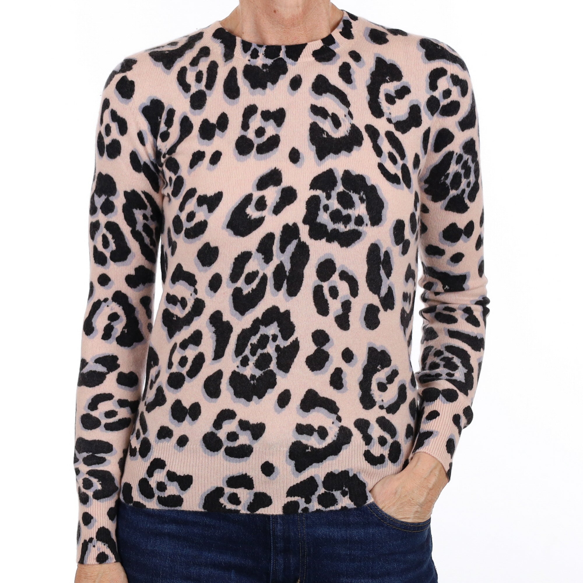Shell Pink Animal Print Cashmere Crew Neck Jumper Small