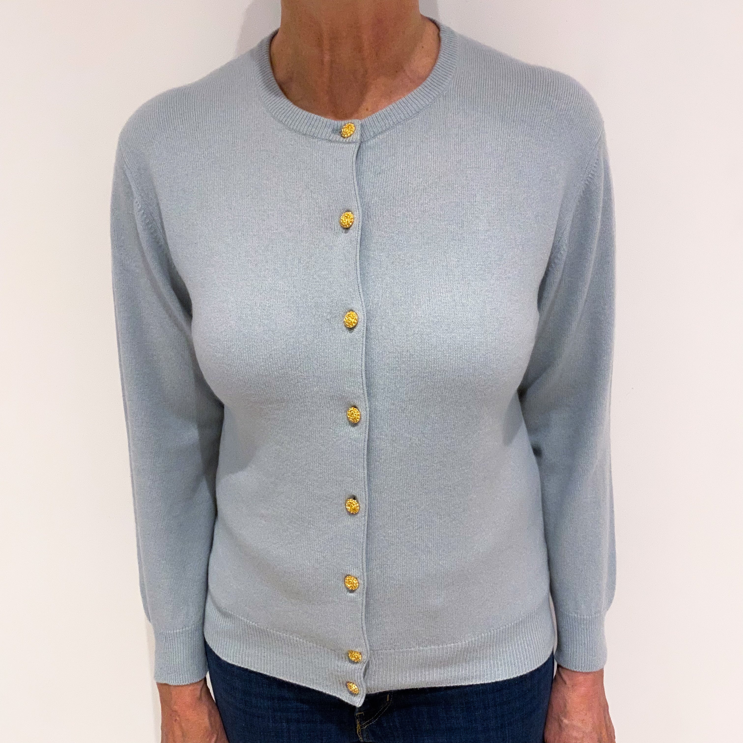 Duck Egg Blue Cashmere Crew Neck Cardigan with Gold Buttons Medium