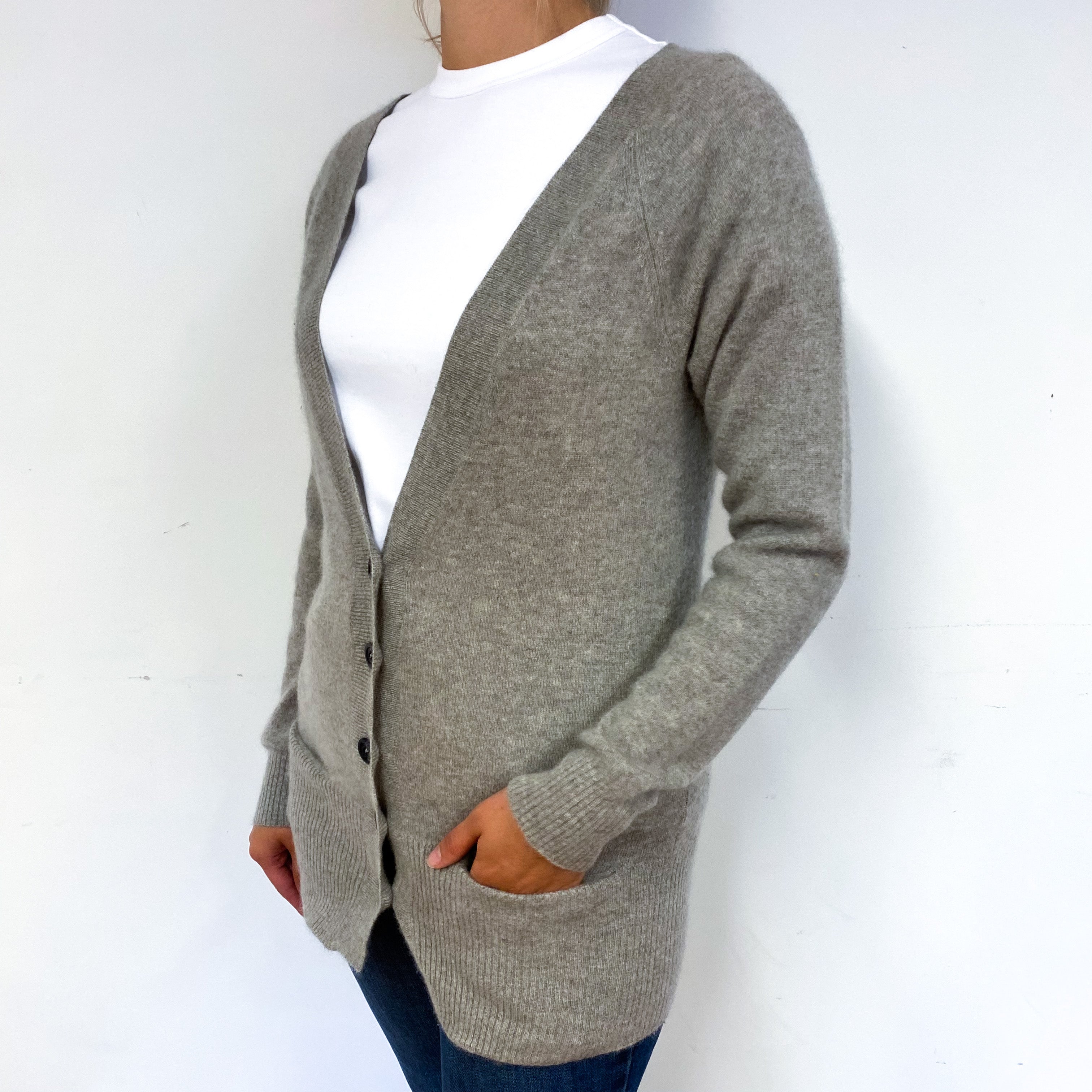 Mink Grey Longline Cashmere V-Neck Cardigan Small