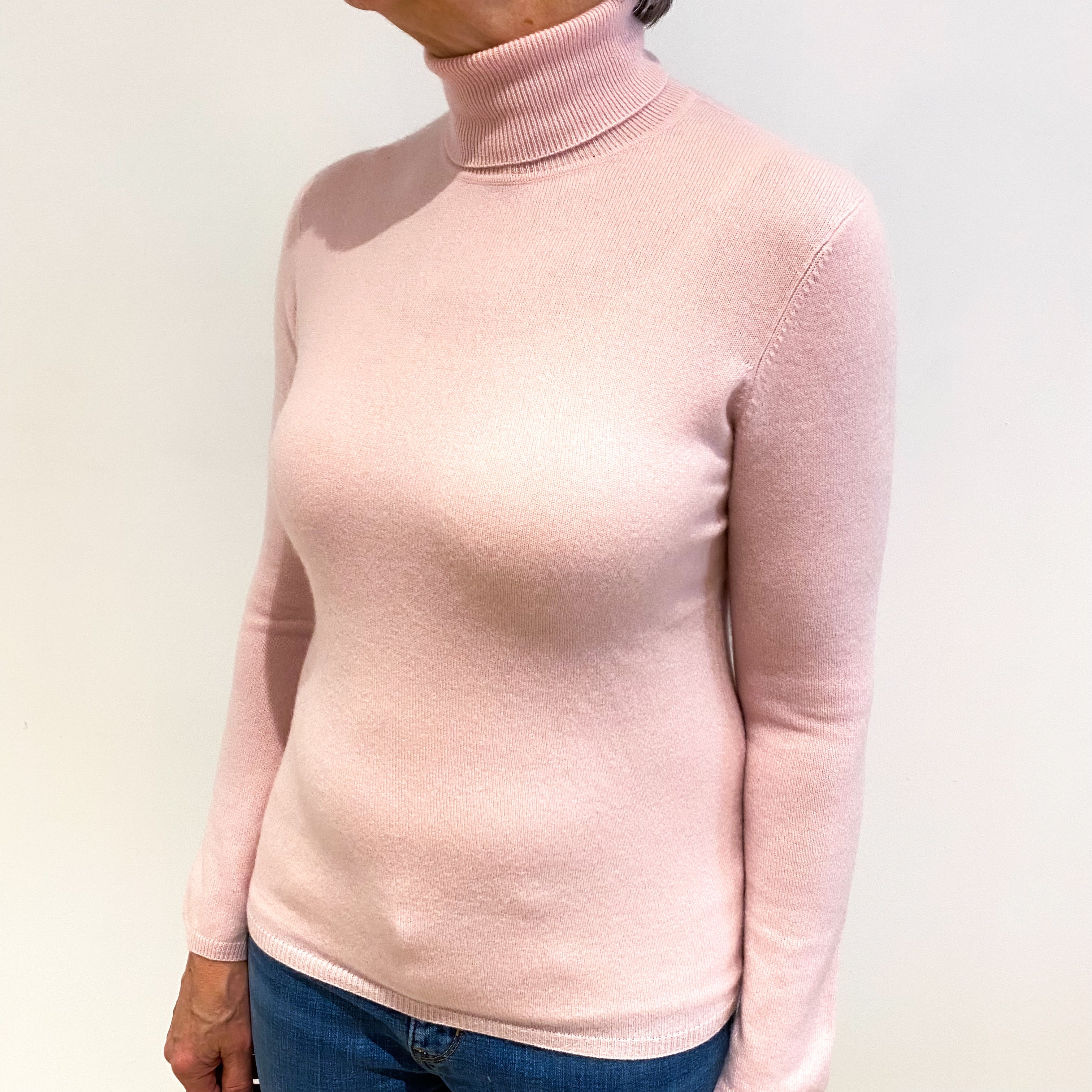 Carnation Pink Cashmere Polo Neck Jumper Medium