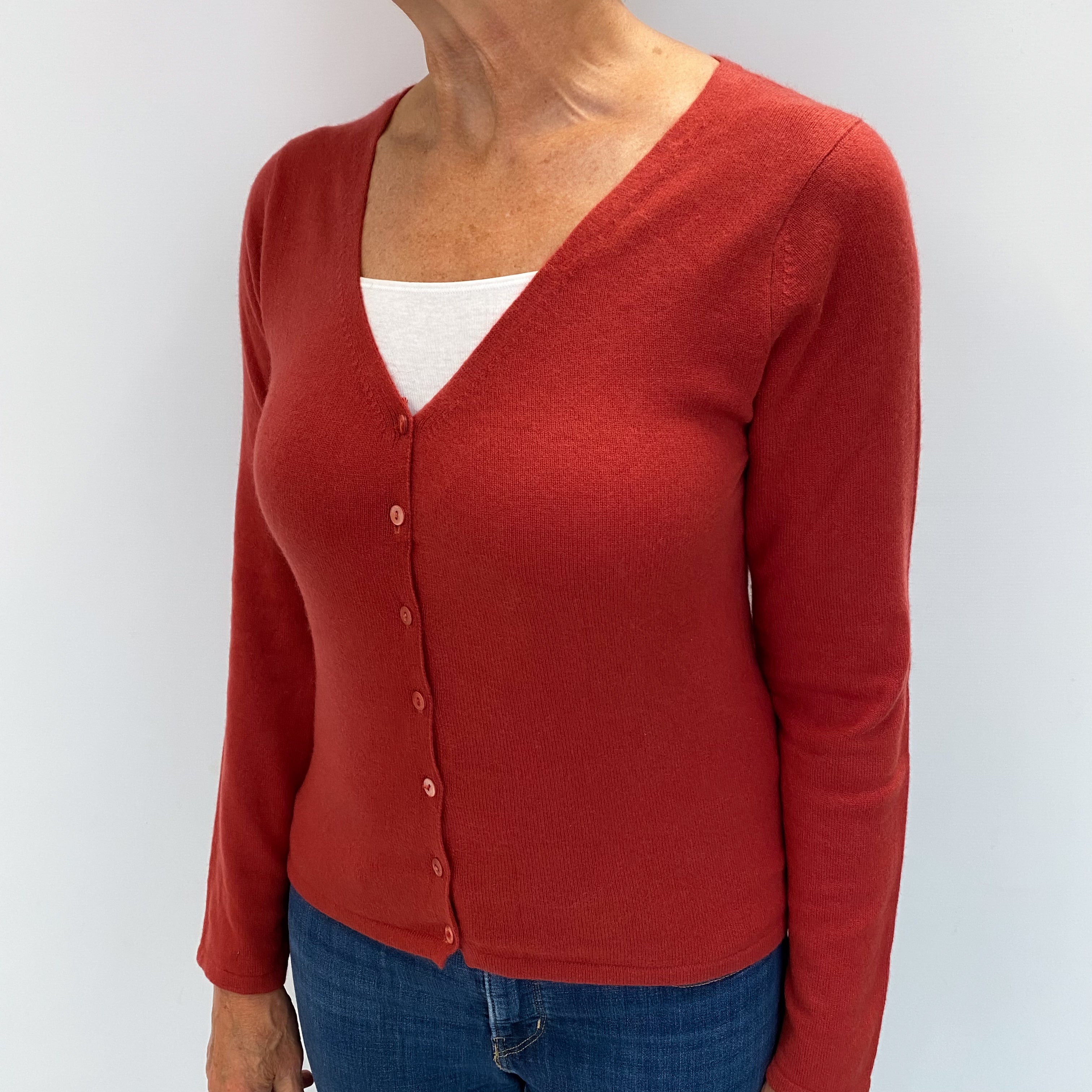 Brick Red Cashmere V Neck Cardigan Medium