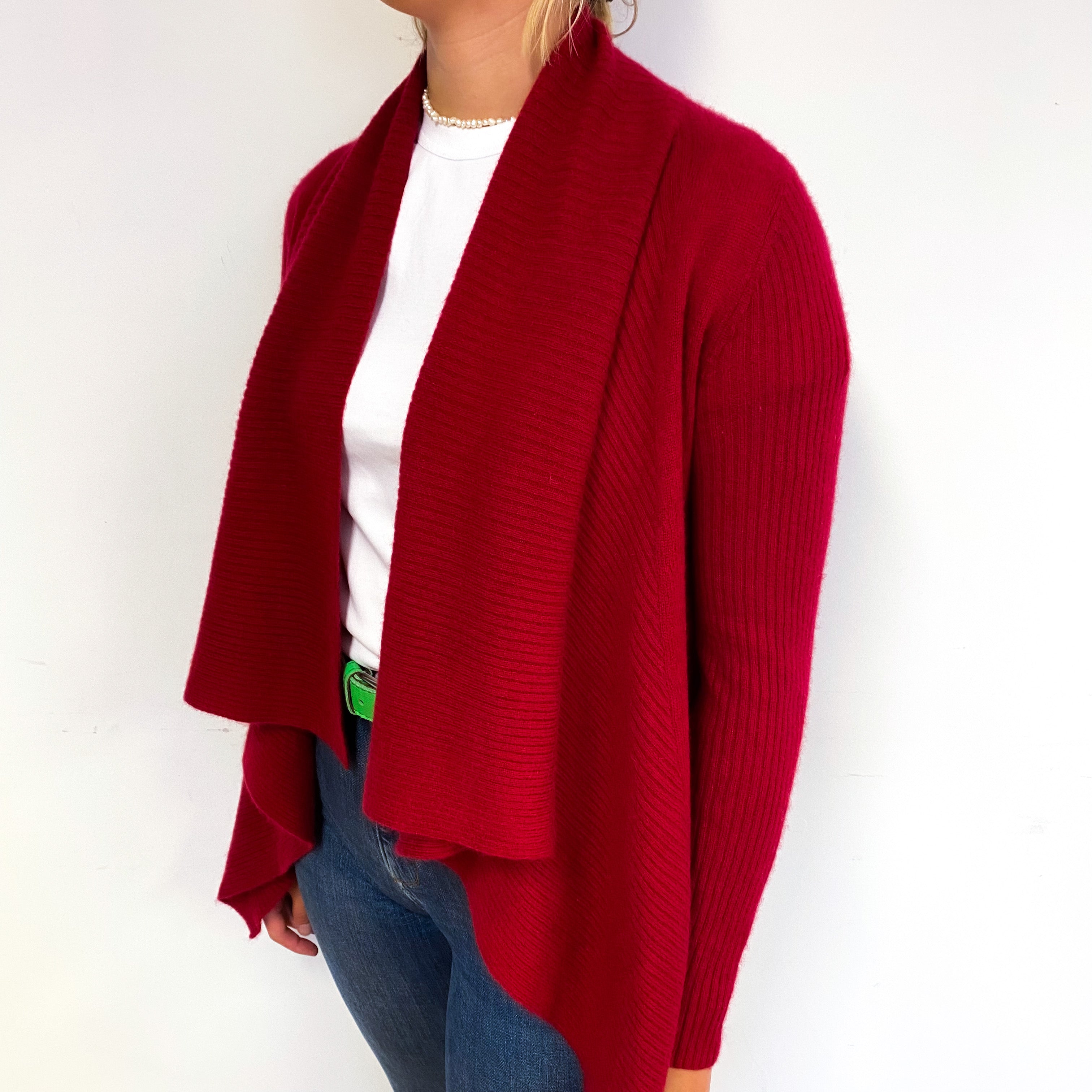 Crimson Red Cashmere Waterfall Cardigan Small