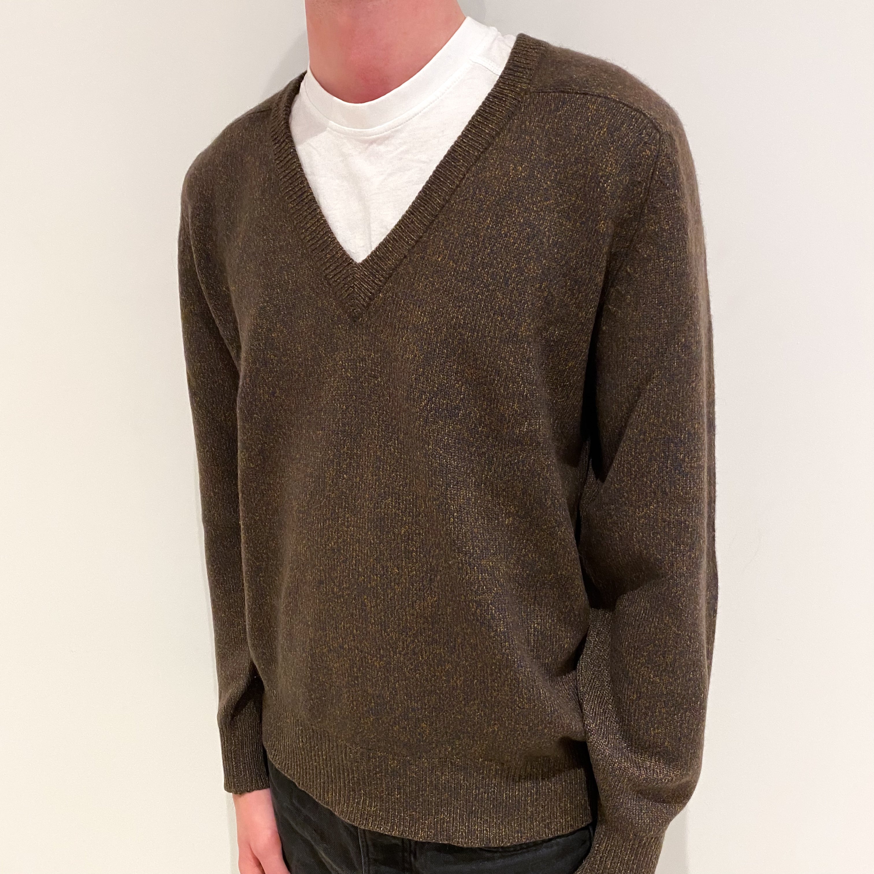 Men's Brown and Grey Marl Cashmere V-Neck Jumper Small