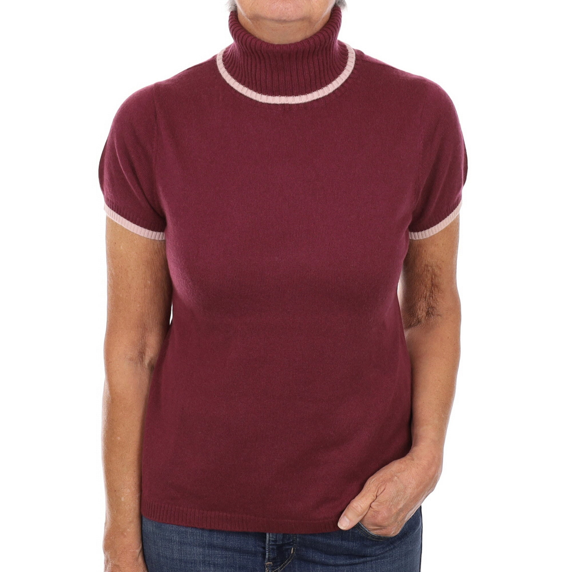 Plum Purple Cashmere Short Sleeve Polo Neck Jumper Medium