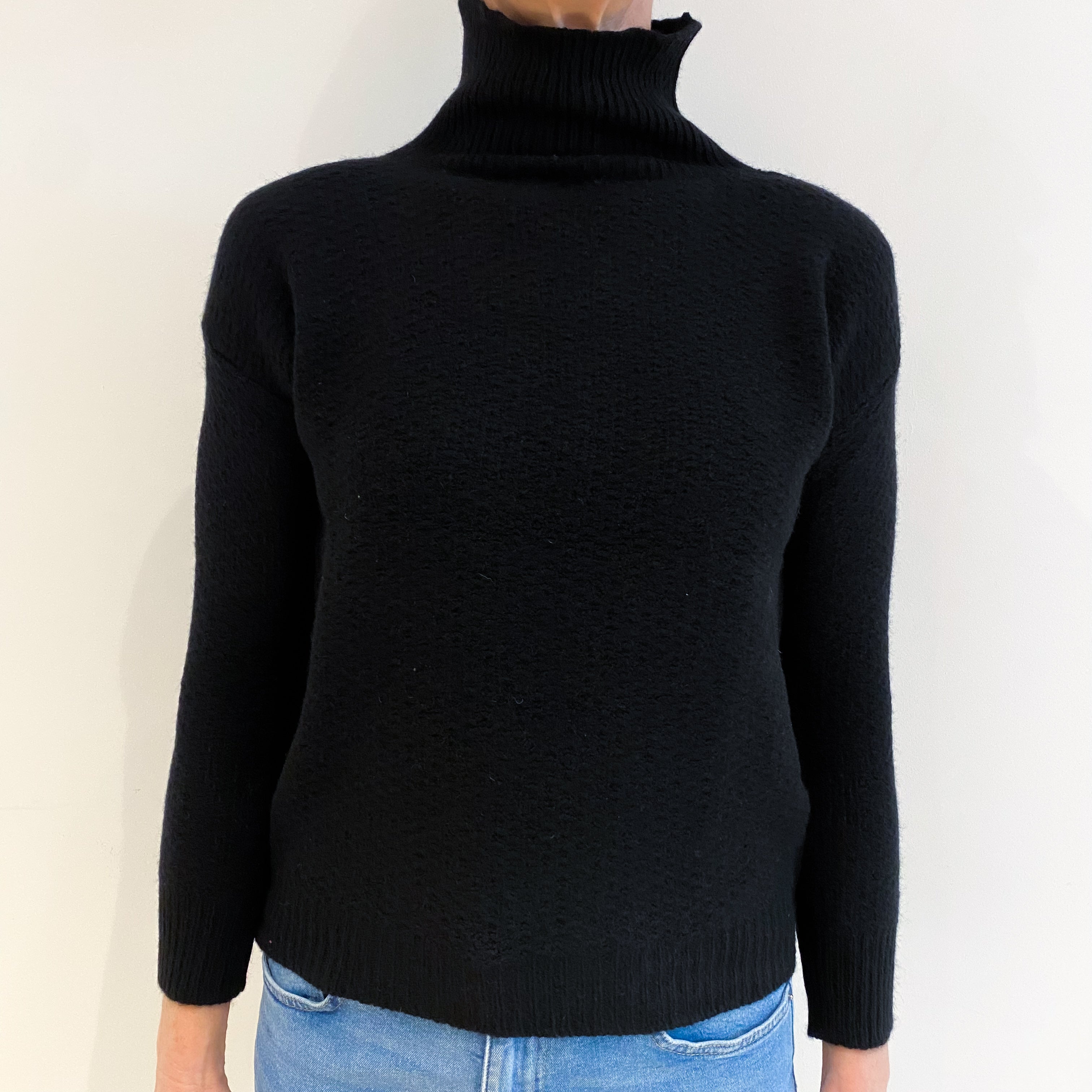 Black Textured Cashmere Funnel Neck Jumper Small