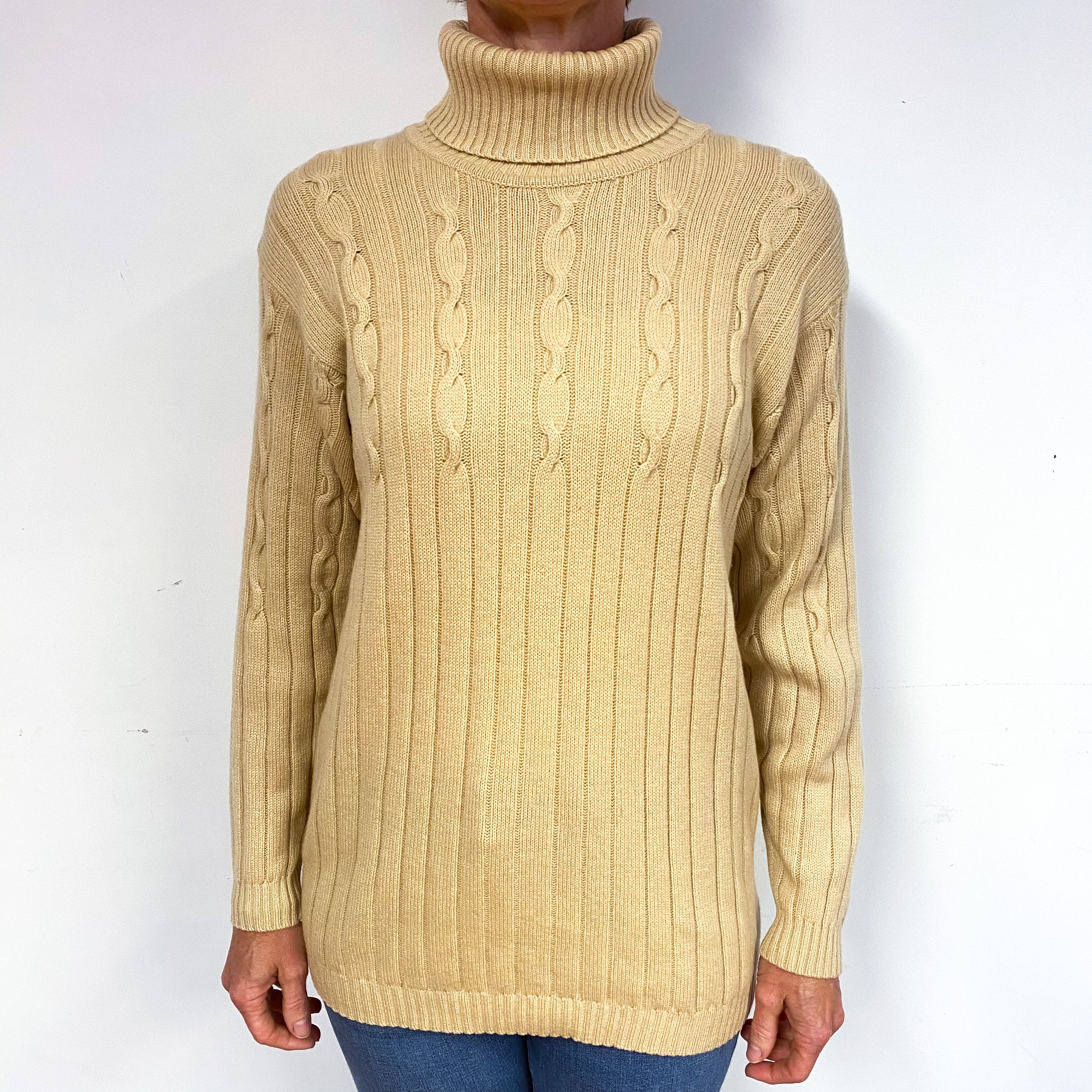 Sand Beige Longline Cashmere Polo Neck Jumper Medium