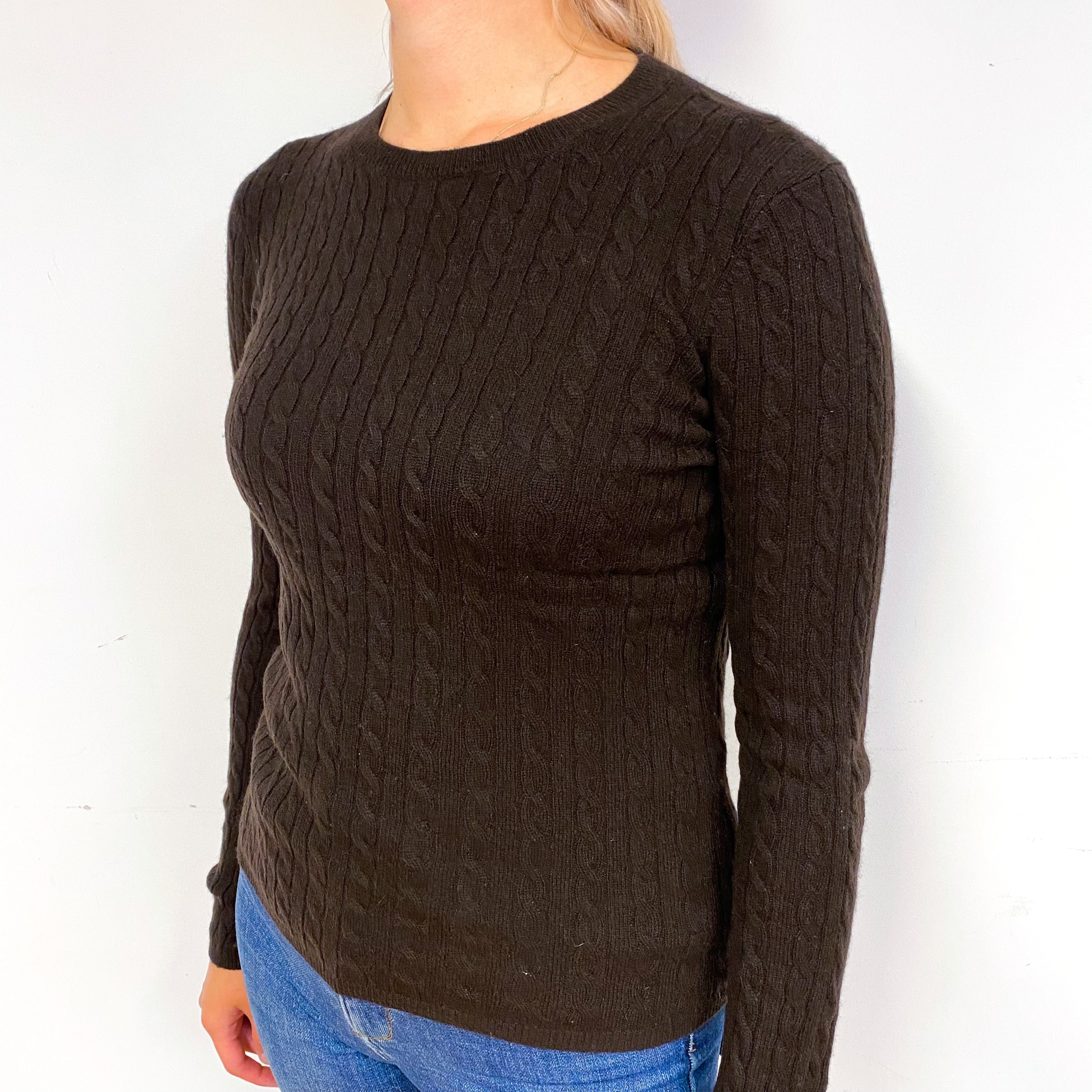 Peppercorn Brown Cable Cashmere Crew Neck Jumper Small