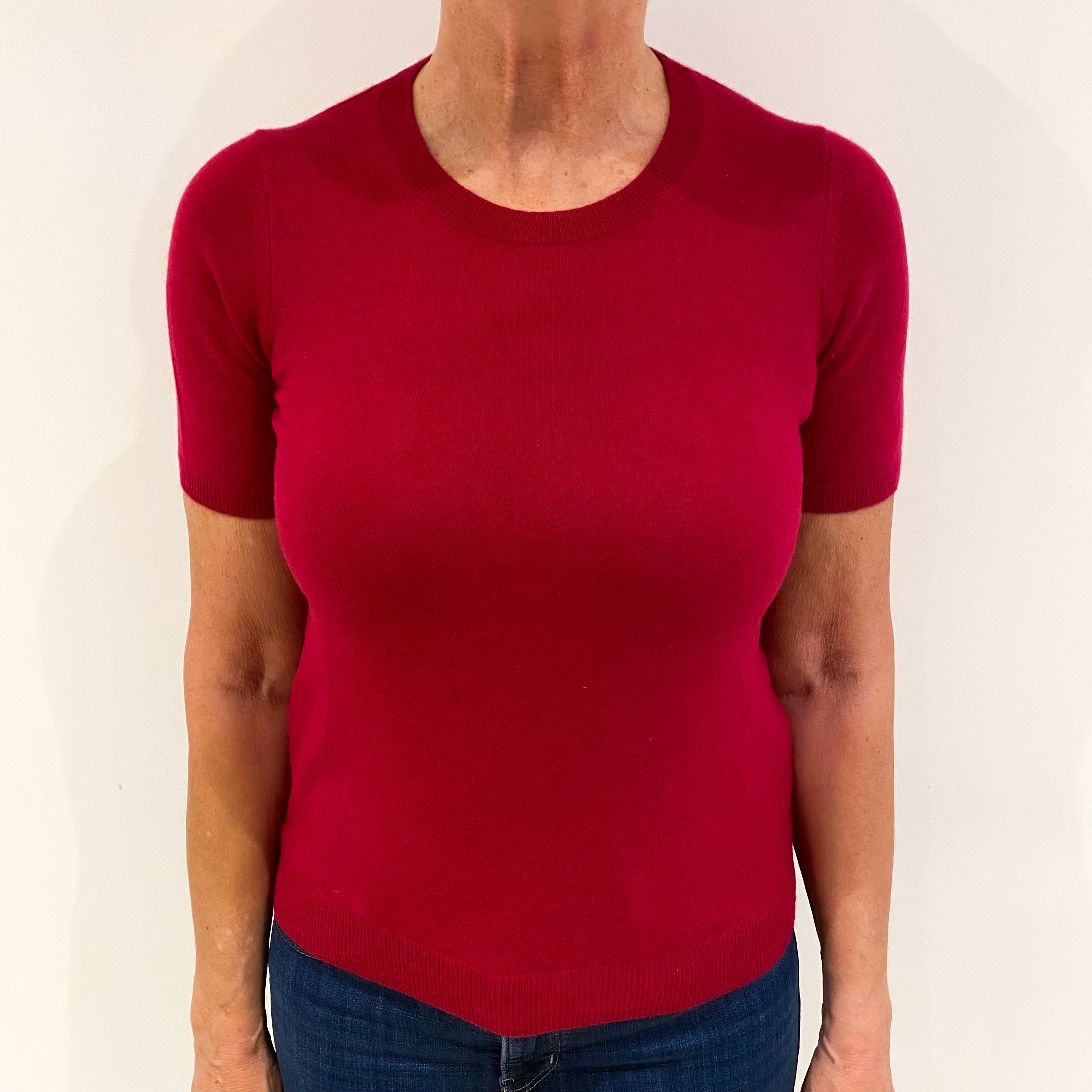Cherry Pink Short Sleeved Cashmere Crew Neck Jumper Medium