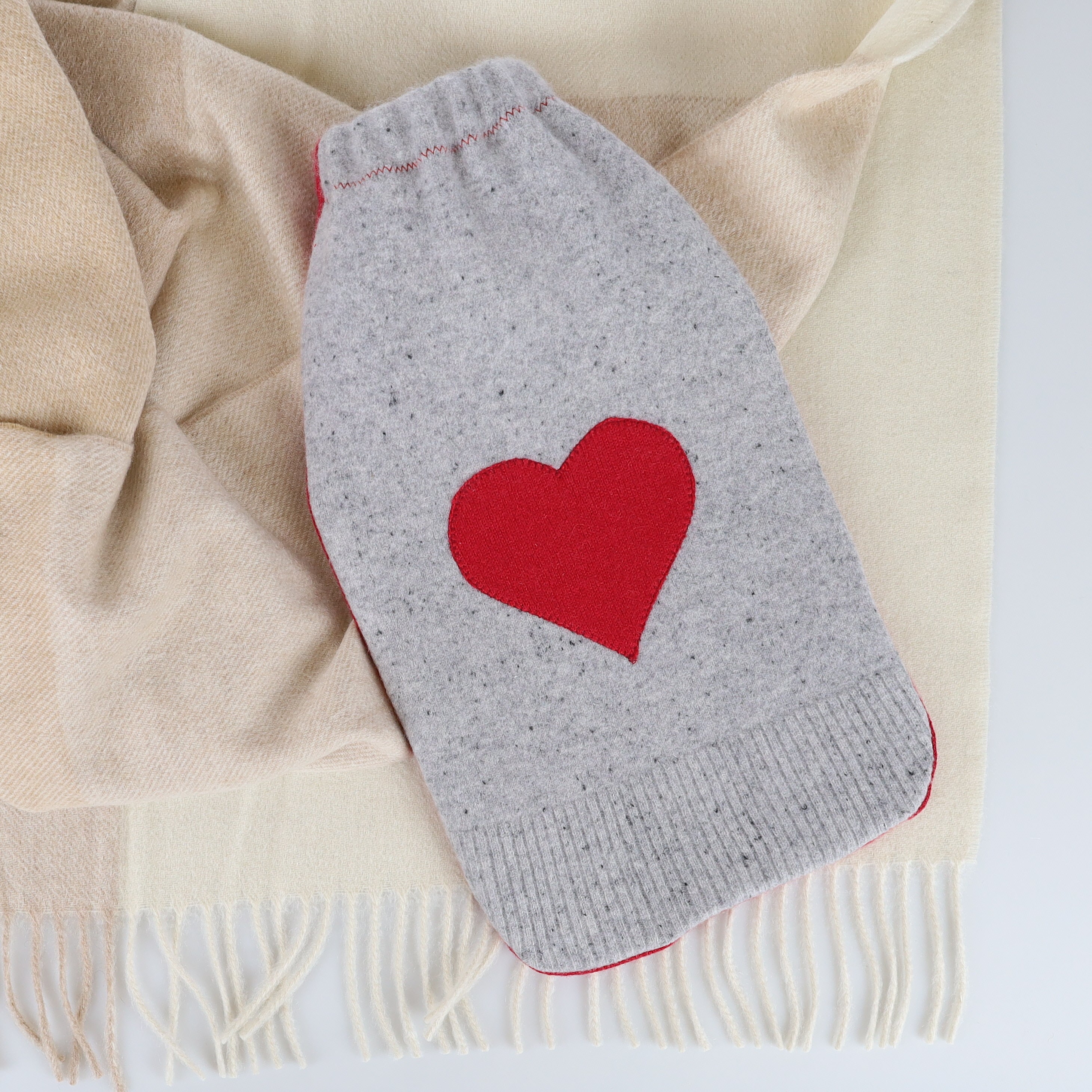 Smoke Grey Fleck and Cherry Red Cashmere Large Hot Water Bottle