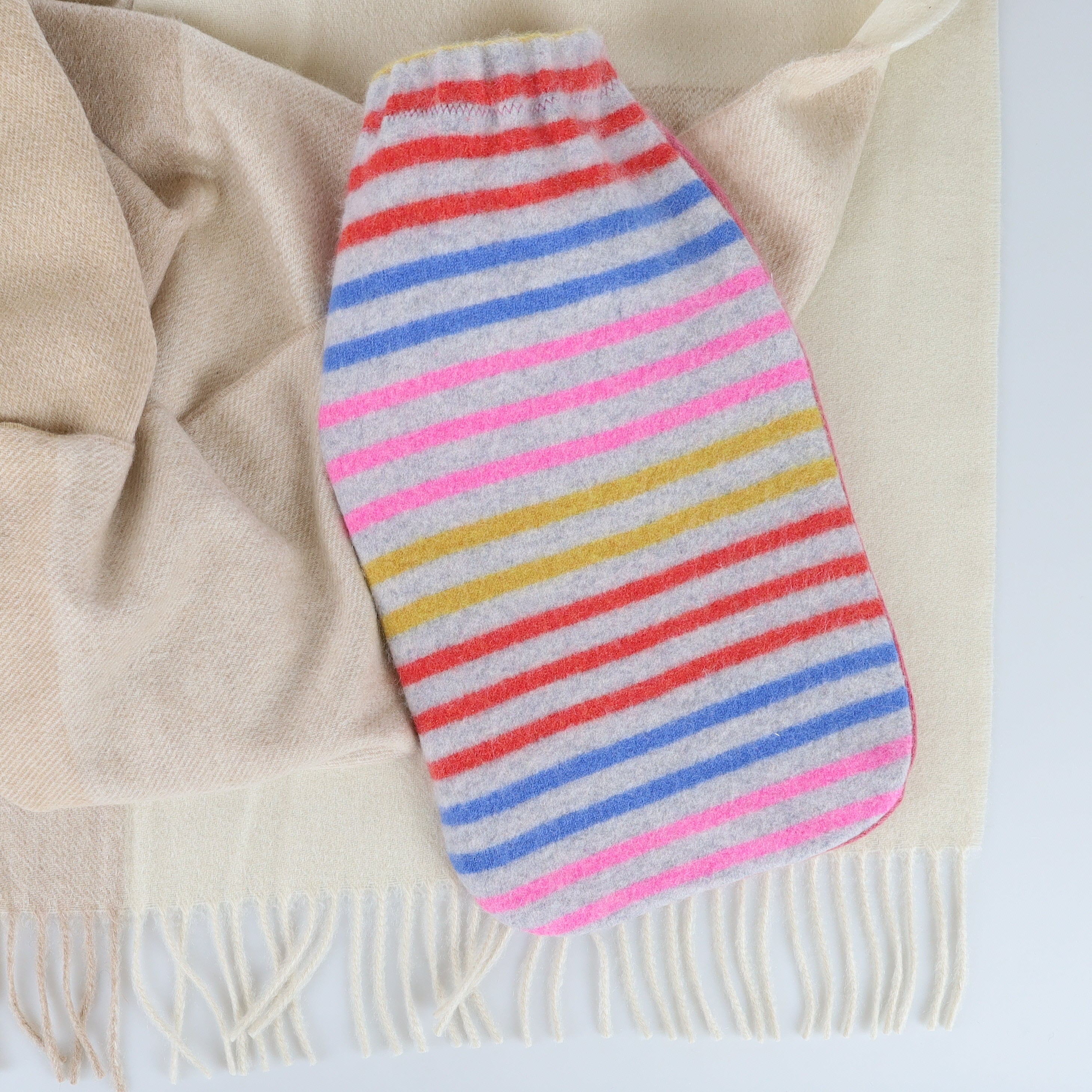 Grey Multicoloured Stripe Cashmere Large Hot Water Bottle