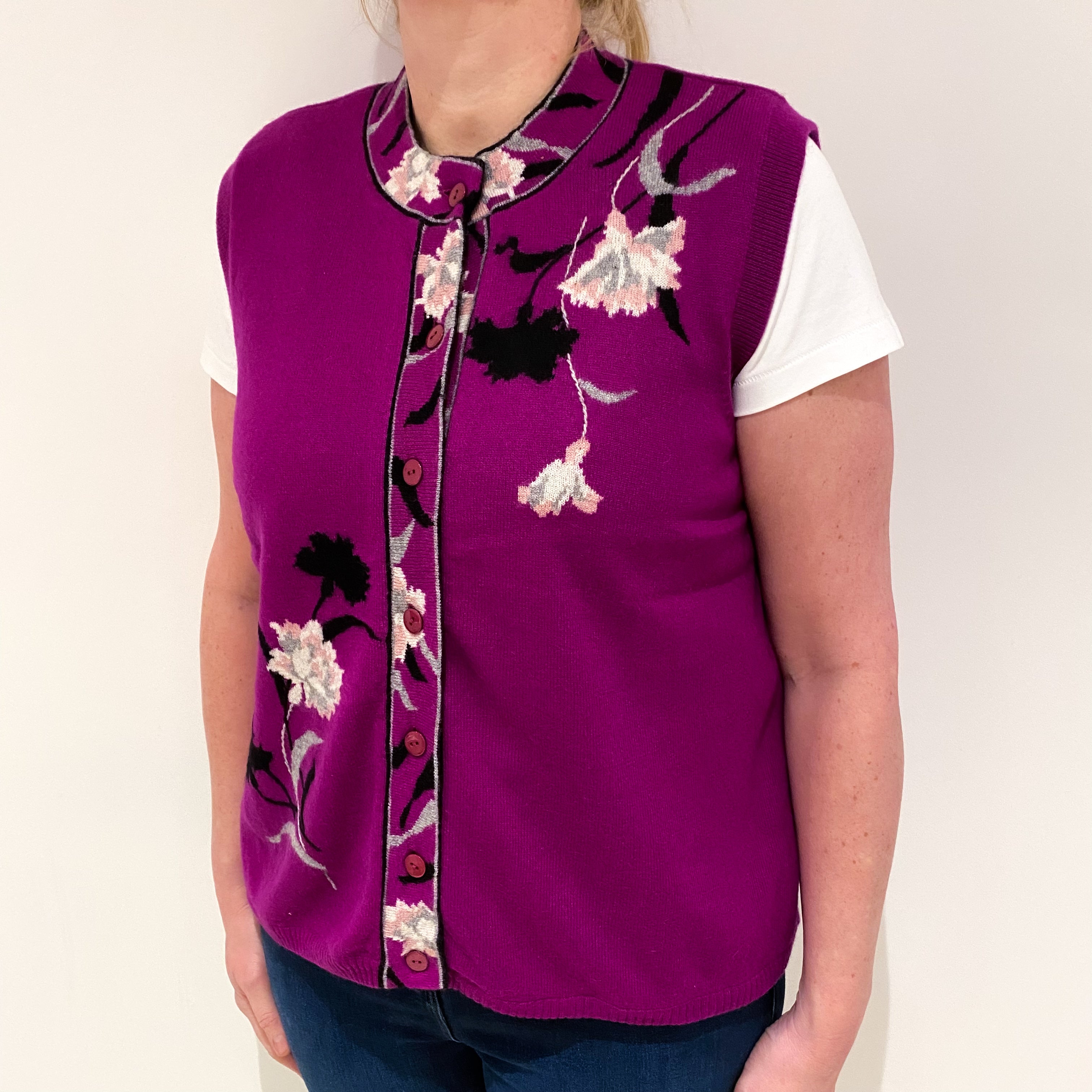 Reversible Magenta Purple Floral and Black Cashmere Gilet Large