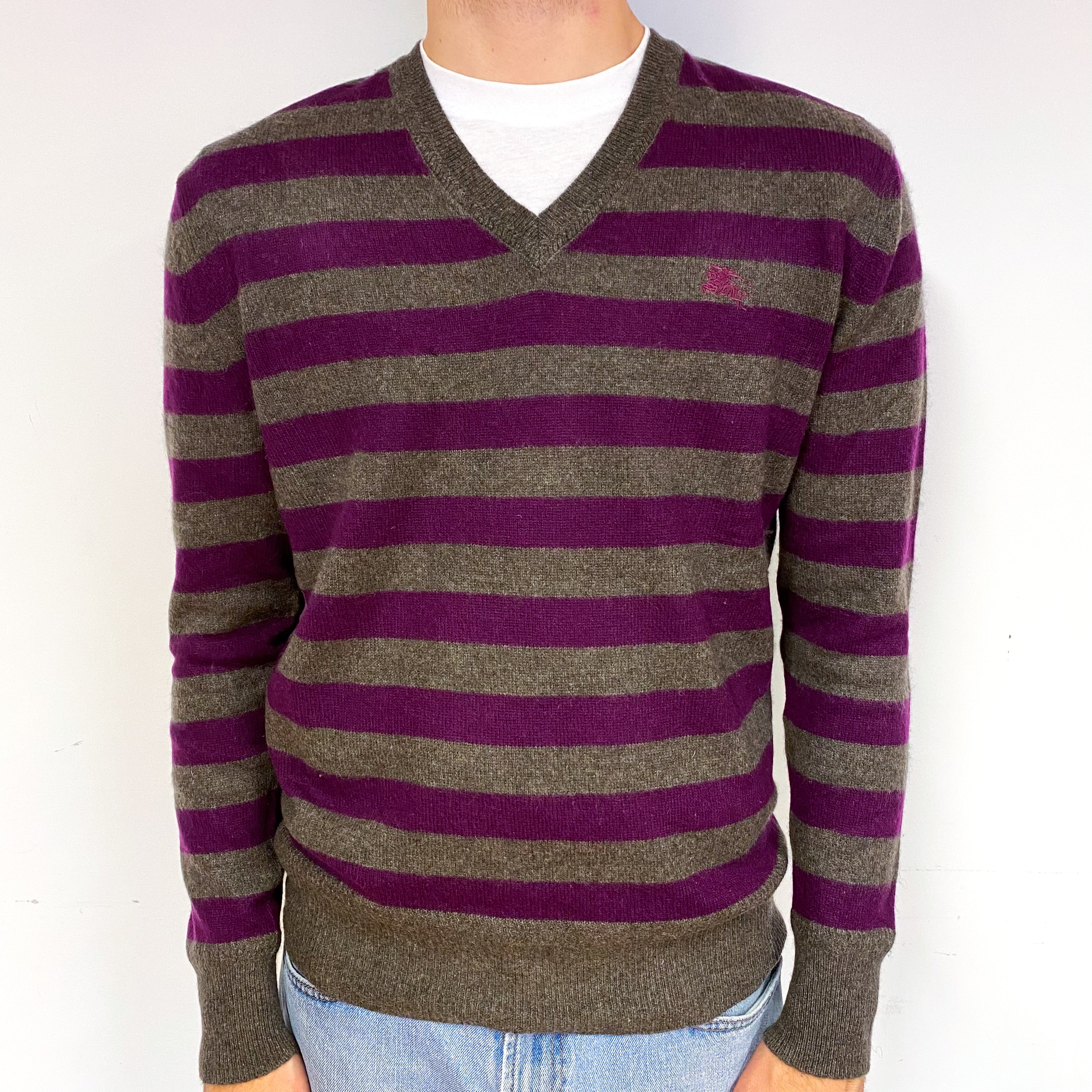 Men's Burberry Brown Purple Stripe Cashmere V-Neck Jumper Large