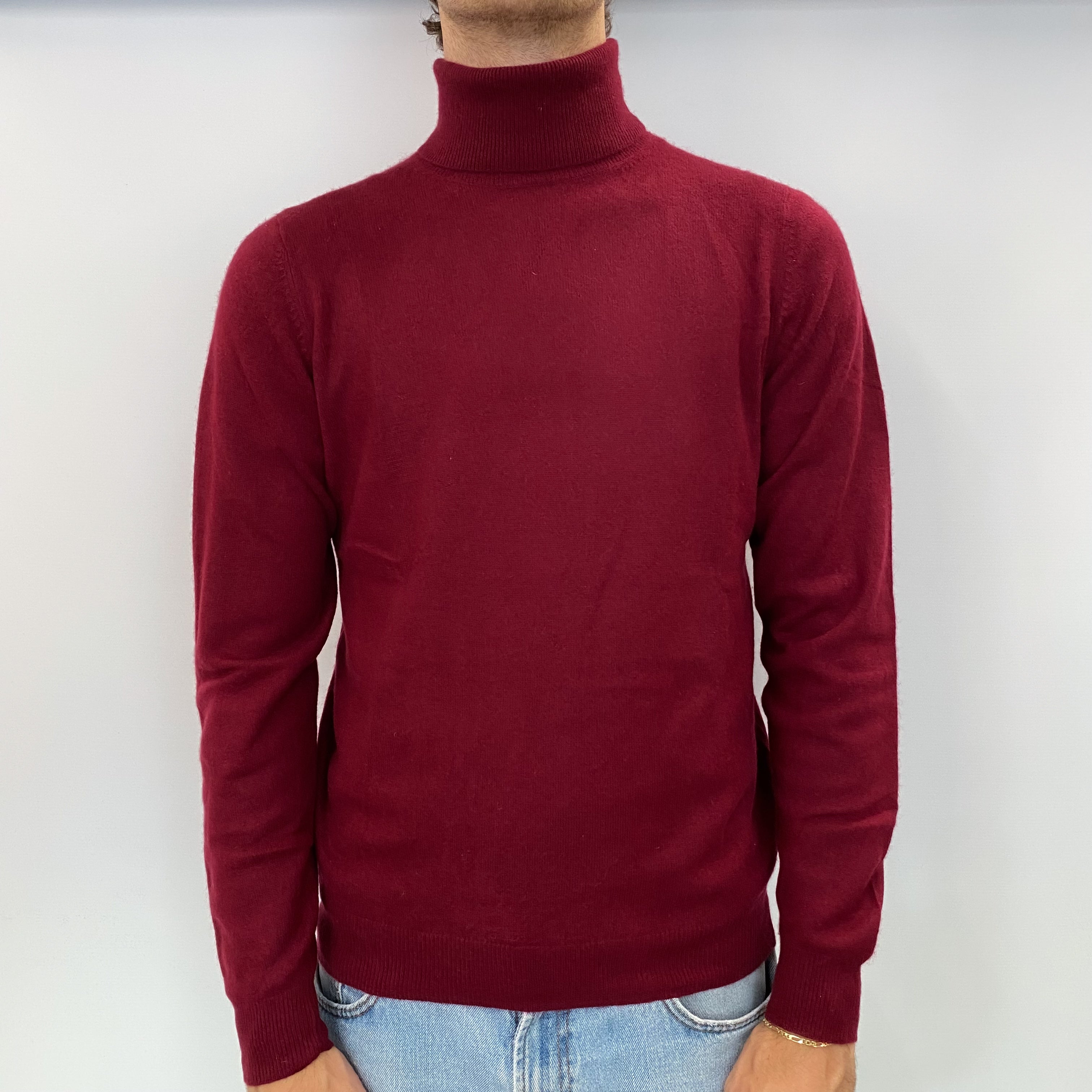Men's Burgundy Red Cashmere Polo Neck Jumper Medium