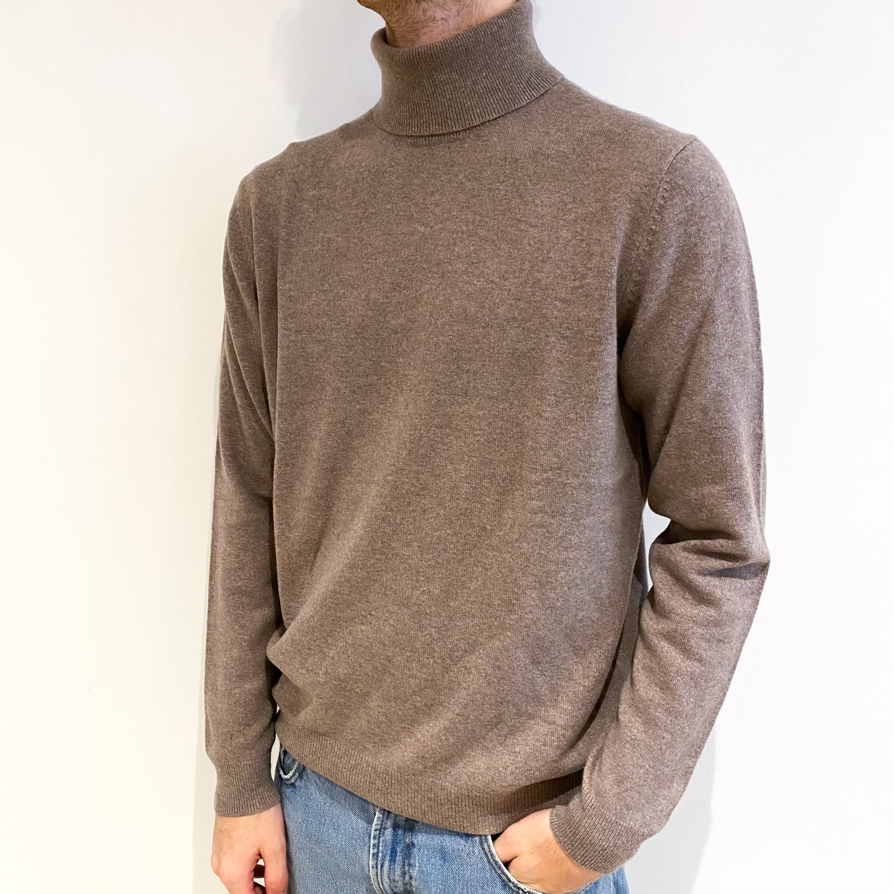 Men's Mole Brown Marl Cashmere Polo Neck Jumper Large