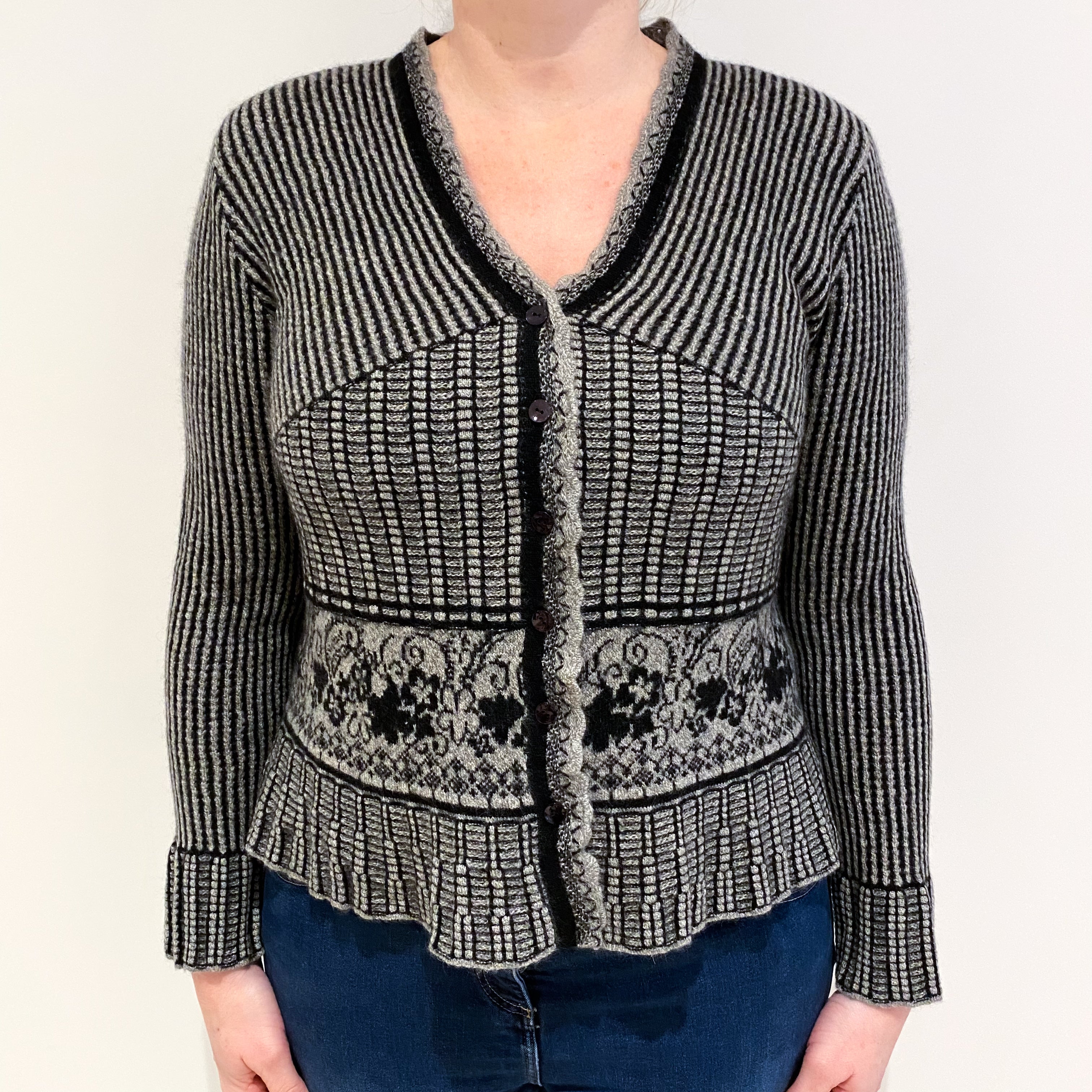 Black and Grey Patterned Cashmere V Neck Cardigan Large