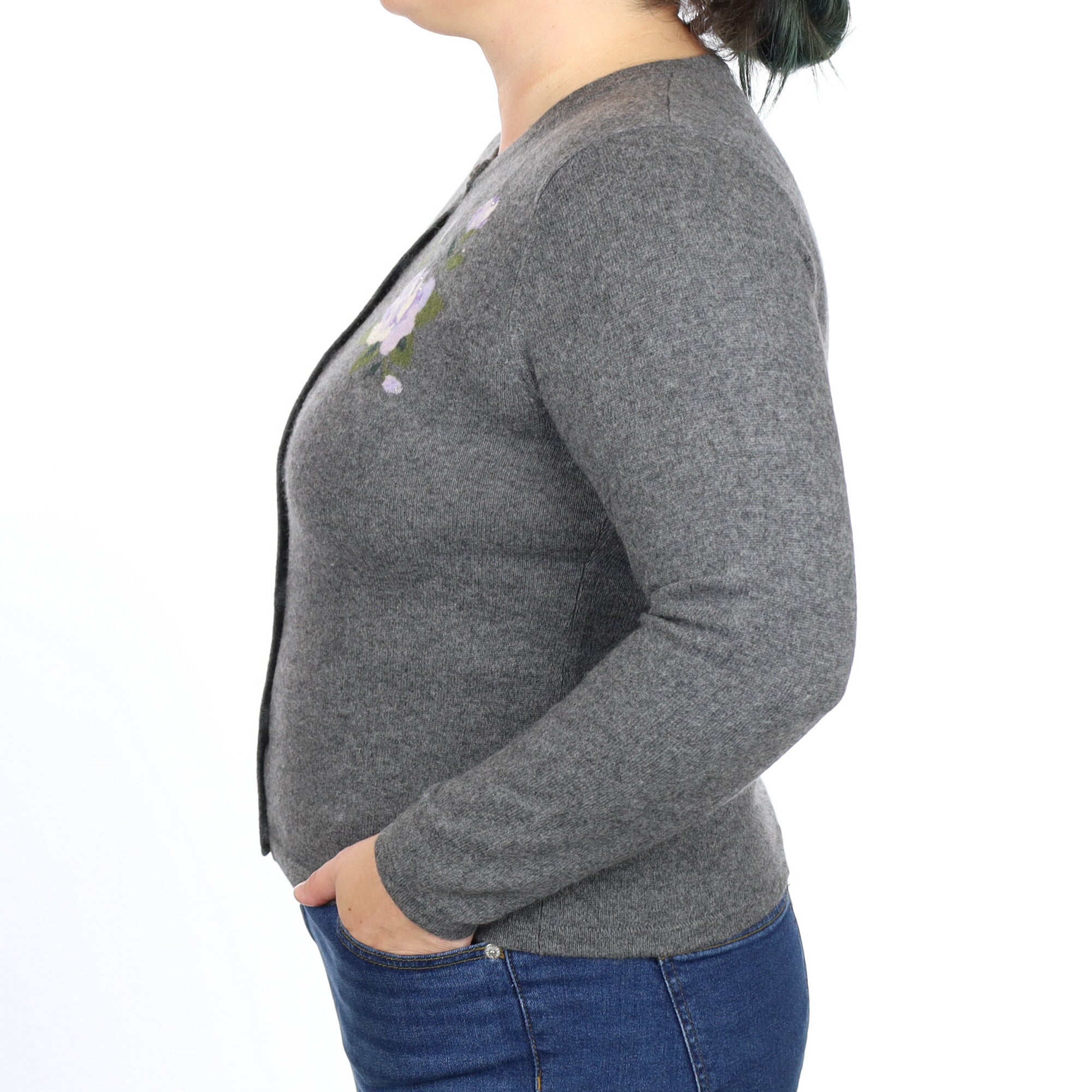 Slate Grey Floral Cashmere Crew Neck Cardigan Large