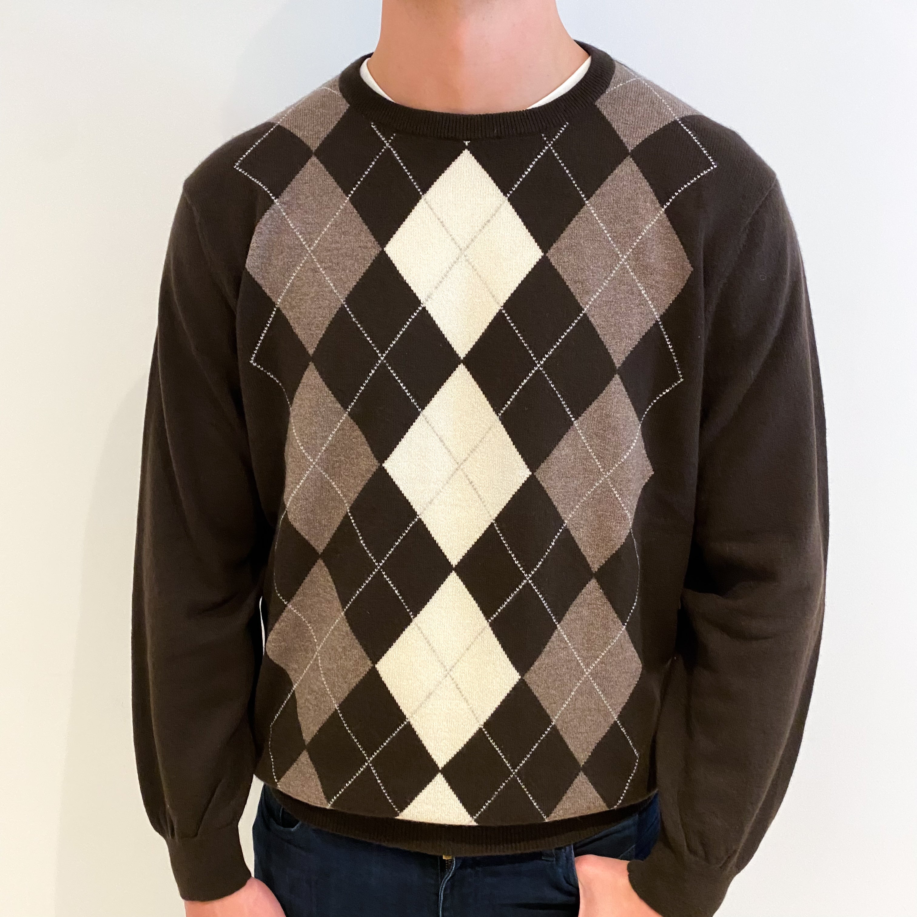 Men's Chocolate Brown Diamond Cashmere Crew Neck Jumper XXL