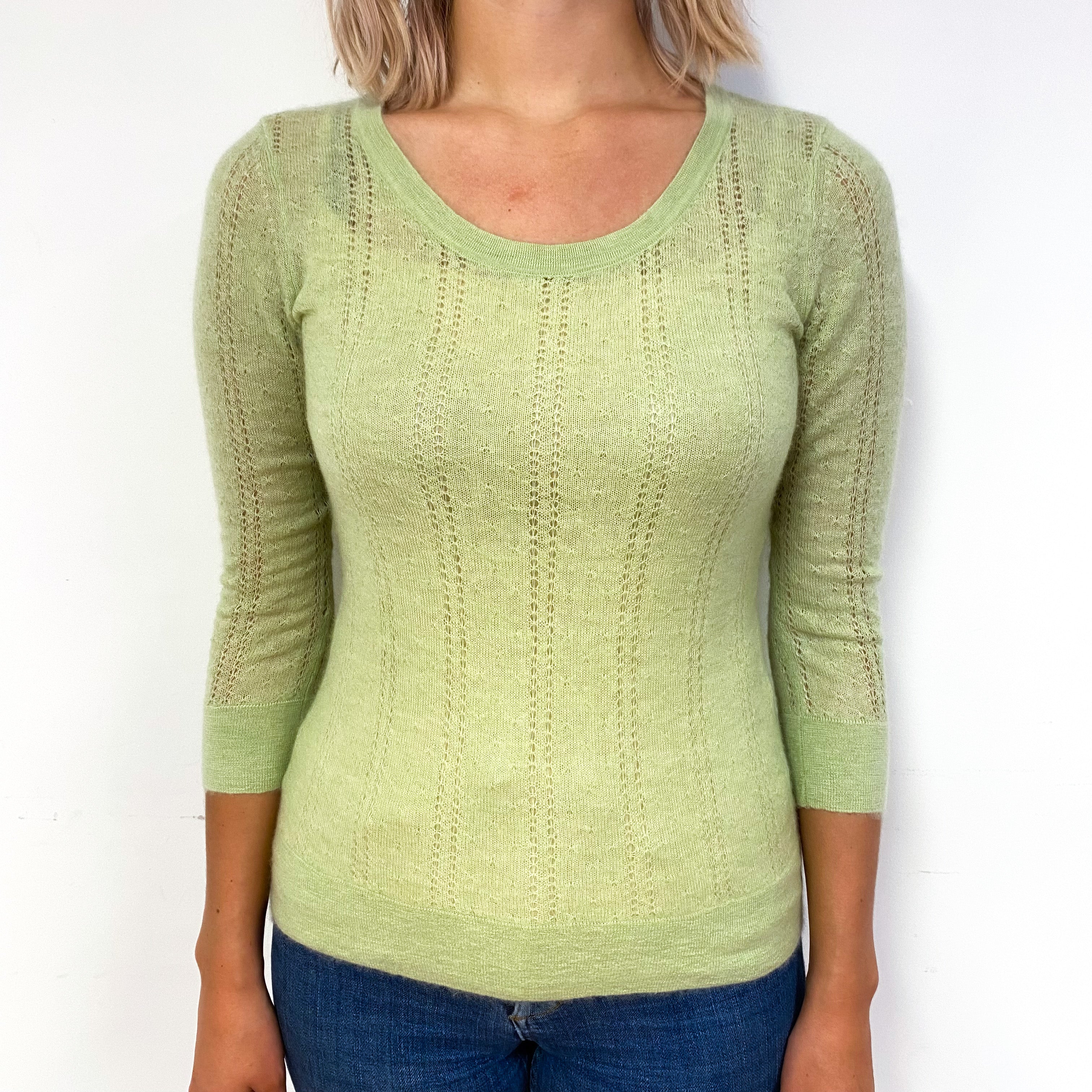 Chicory Green Lace Knit Cashmere Crew Neck Jumper Small