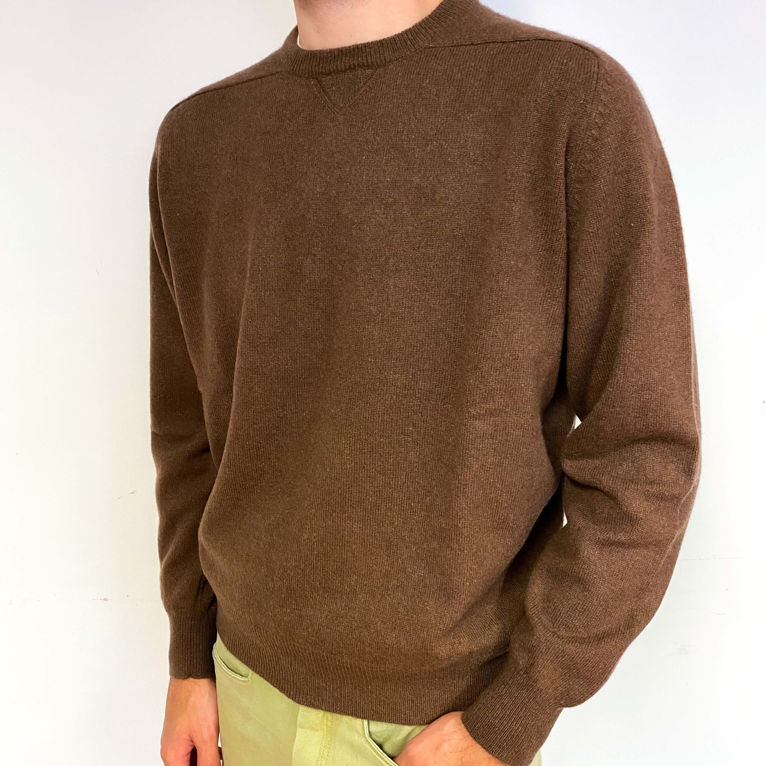 Men's Pecan Brown Cashmere Crew Neck Jumper Large