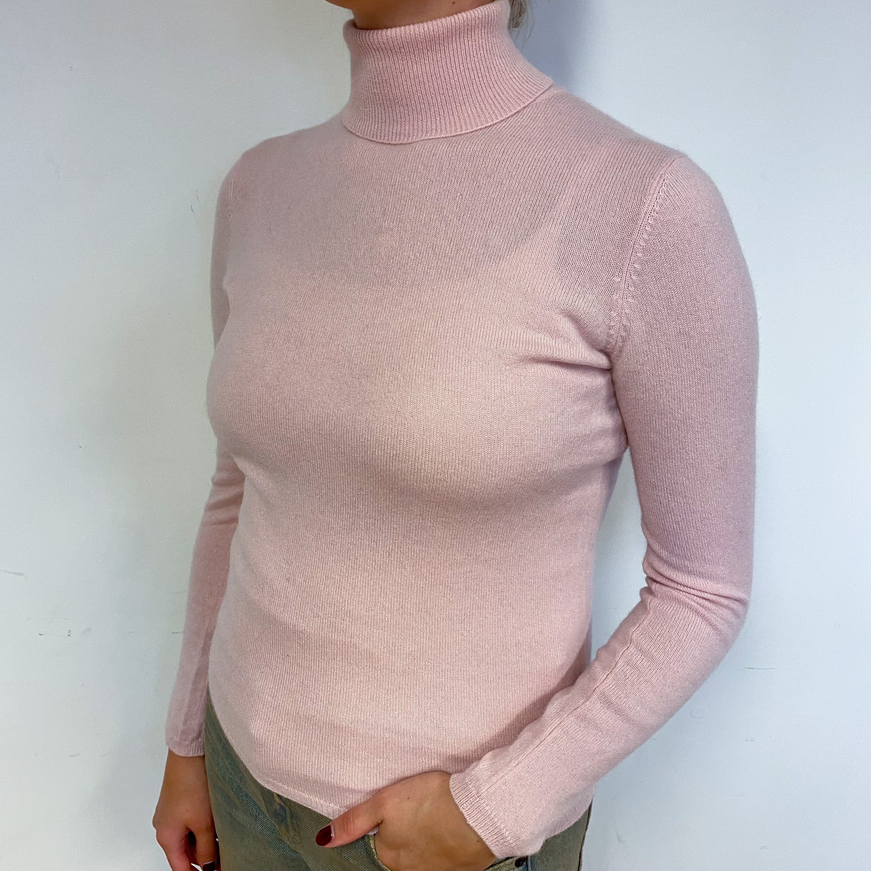 Carnation Pink Cashmere Polo Neck Jumper Small