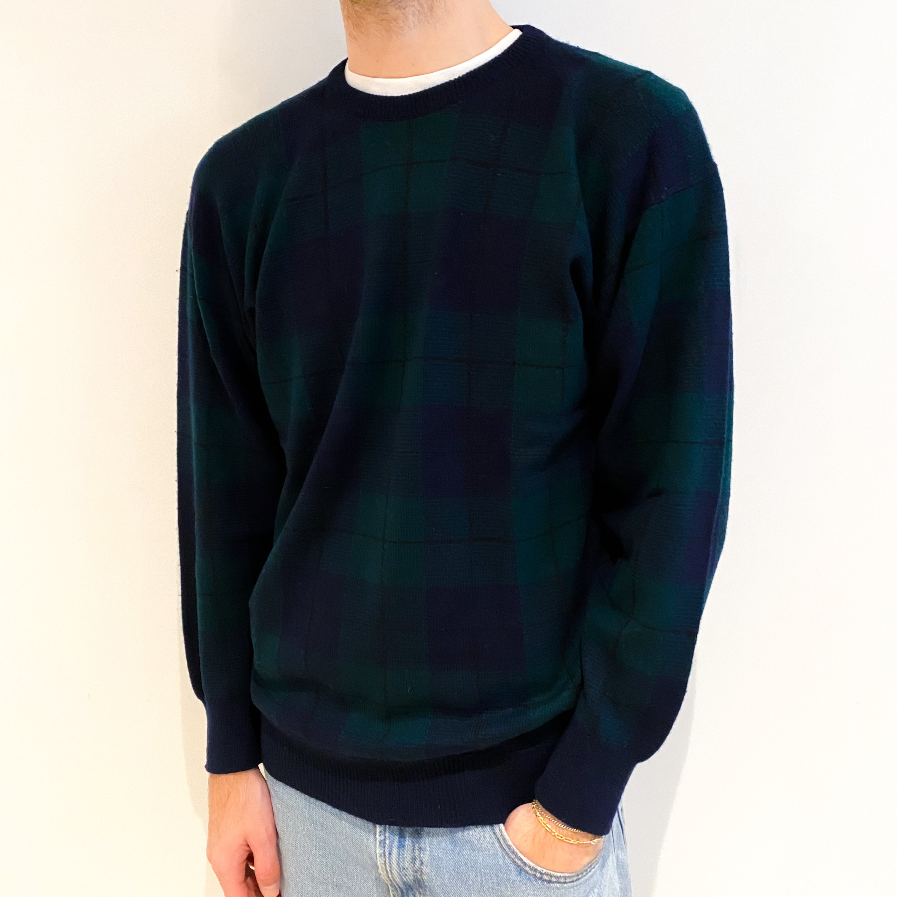 Men's Navy Green Checked Cashmere Crew Neck Jumper Large