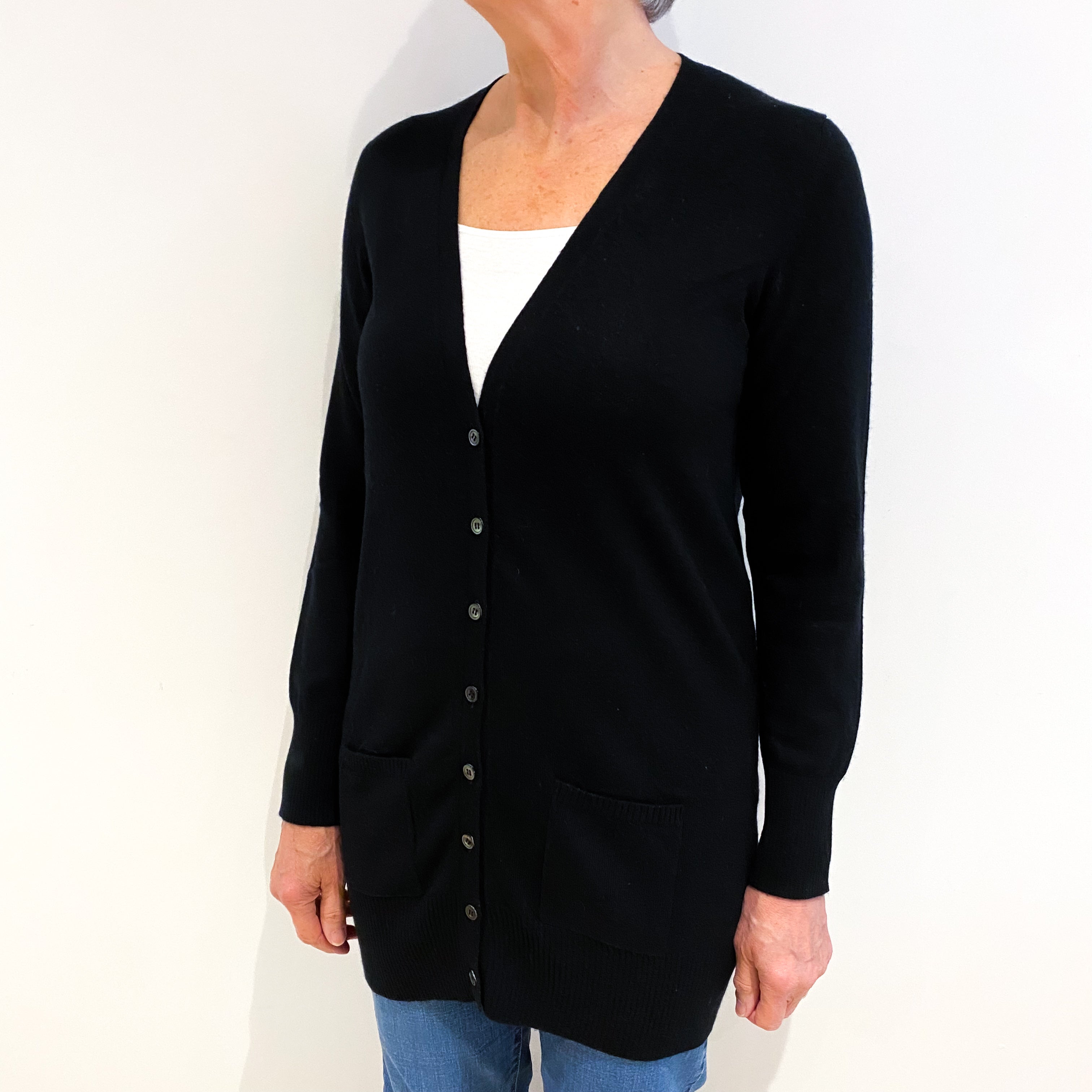 Black Cashmere V Neck Boyfriend Cardigan Medium