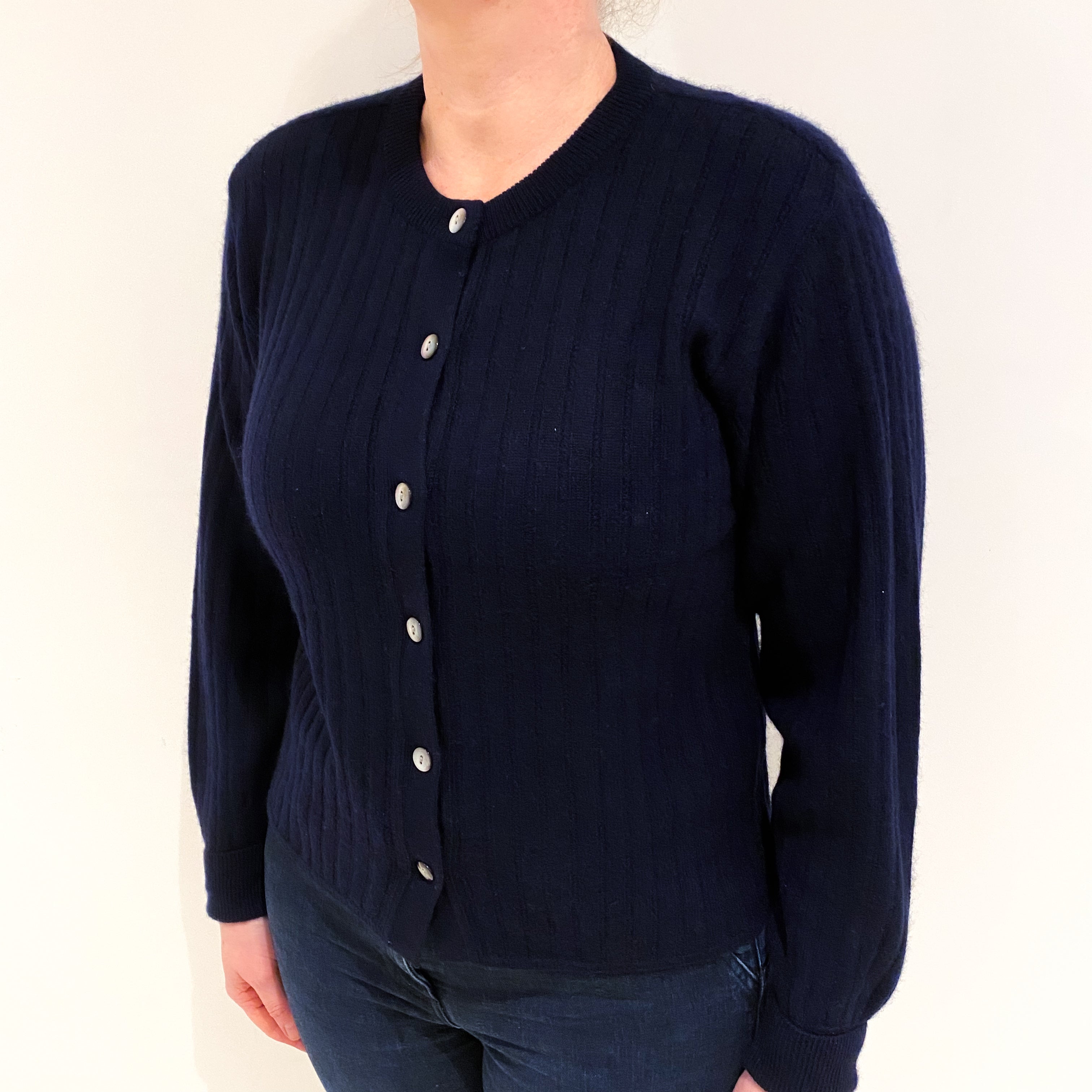 Navy Ribbed Cashmere Crew Neck Cardigan Large